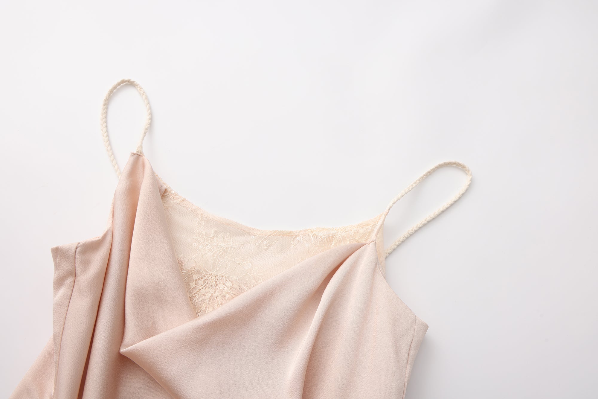 Nude Pink Lace Satin Slip Dress with Cowl Neck