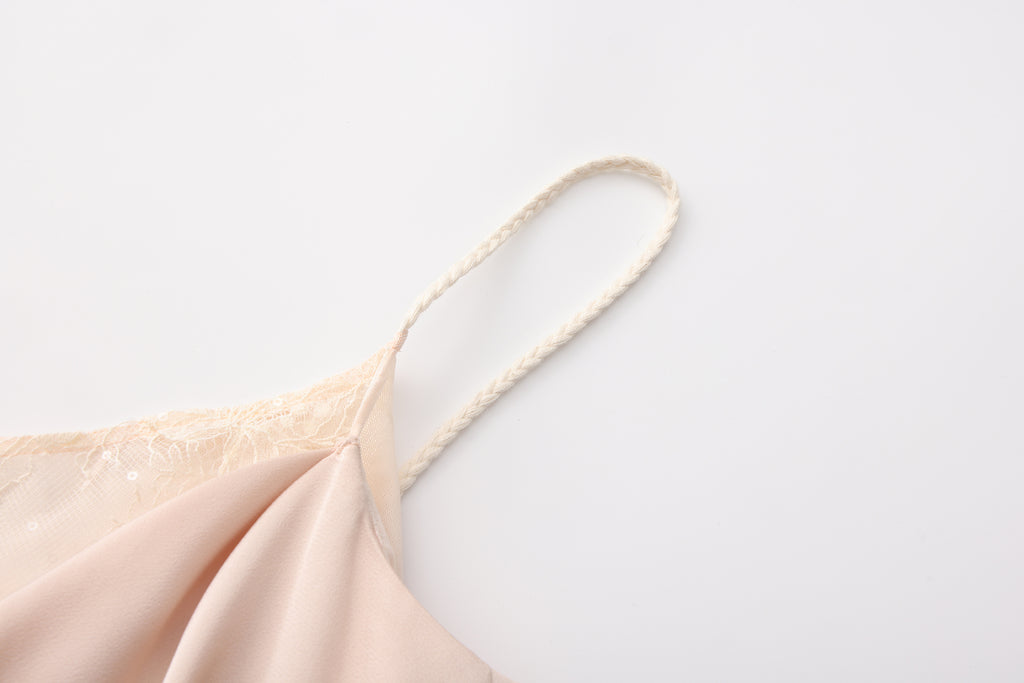 Nude Pink Lace Satin Slip Dress with Cowl Neck