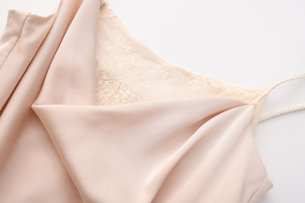 Nude Pink Lace Satin Slip Dress with Cowl Neck