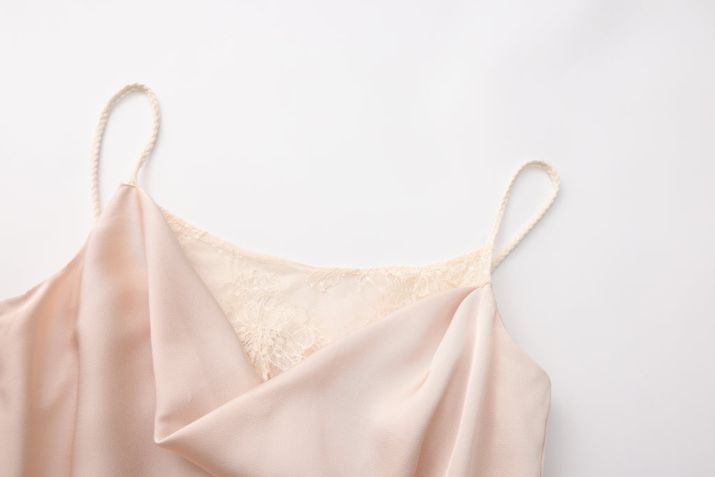 Nude Pink Lace Satin Slip Dress with Cowl Neck