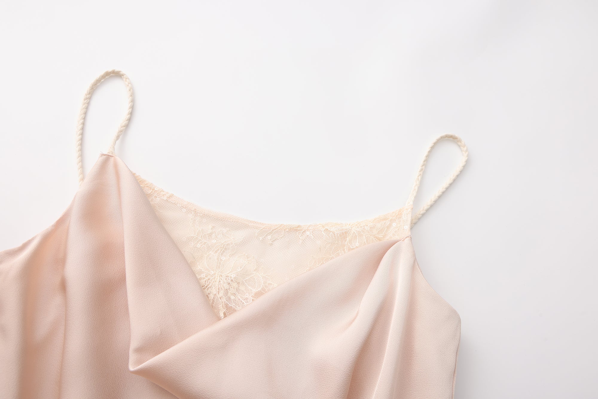 Nude Pink Lace Satin Slip Dress with Cowl Neck