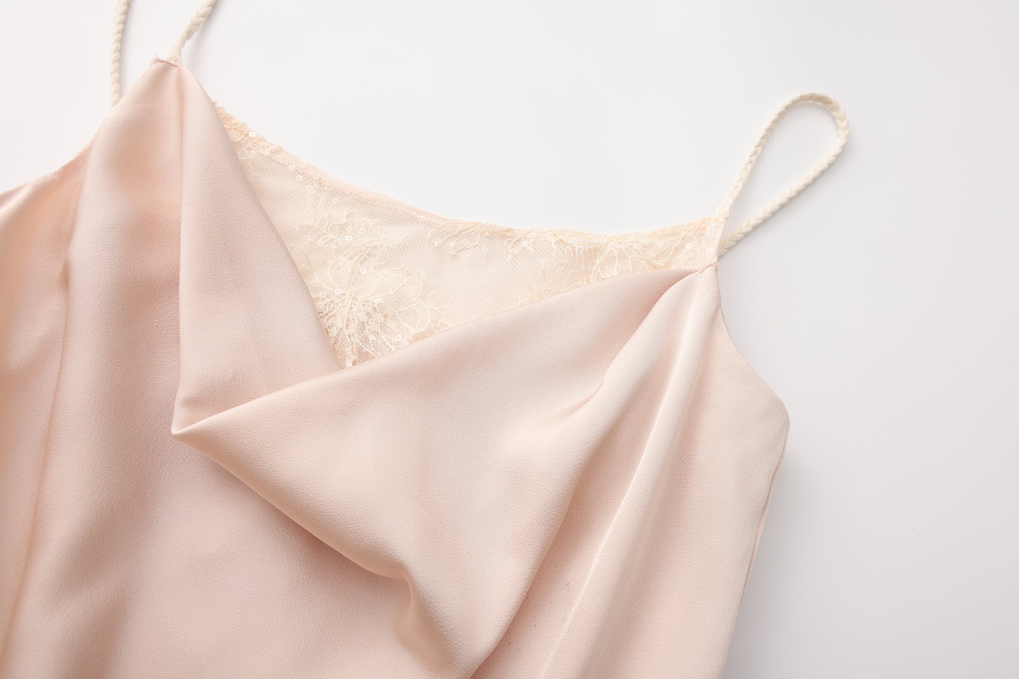 Nude Pink Lace Satin Slip Dress with Cowl Neck
