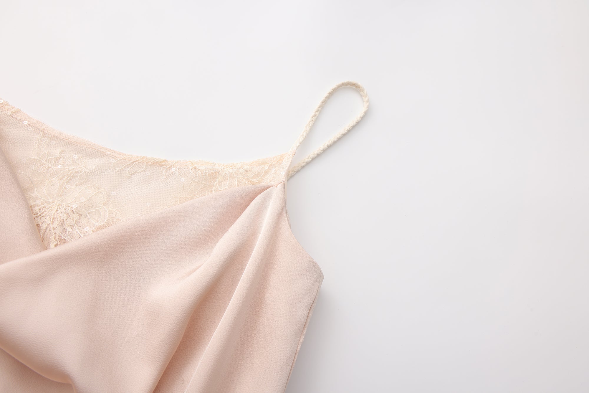 Nude Pink Lace Satin Slip Dress with Cowl Neck