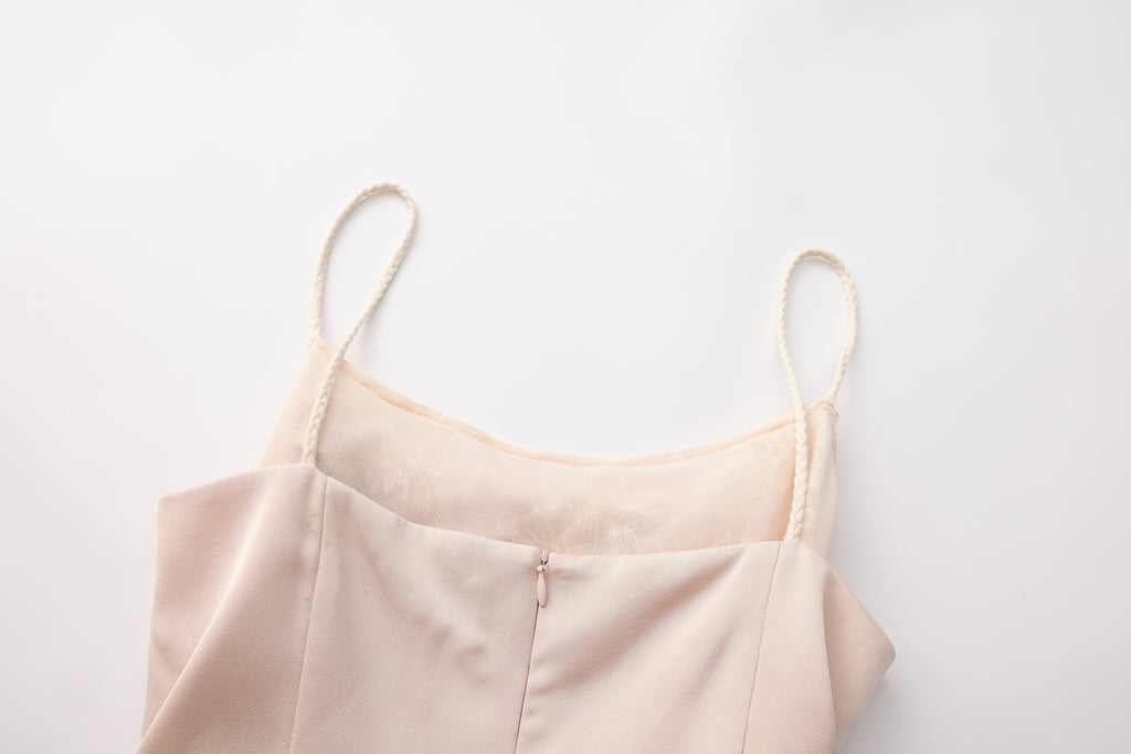 Nude Pink Lace Satin Slip Dress with Cowl Neck