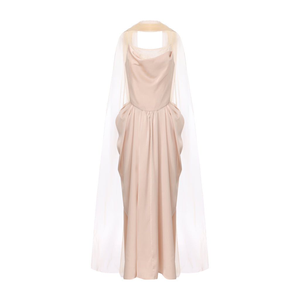 Nude Pink Lace Satin Slip Dress with Cowl Neck