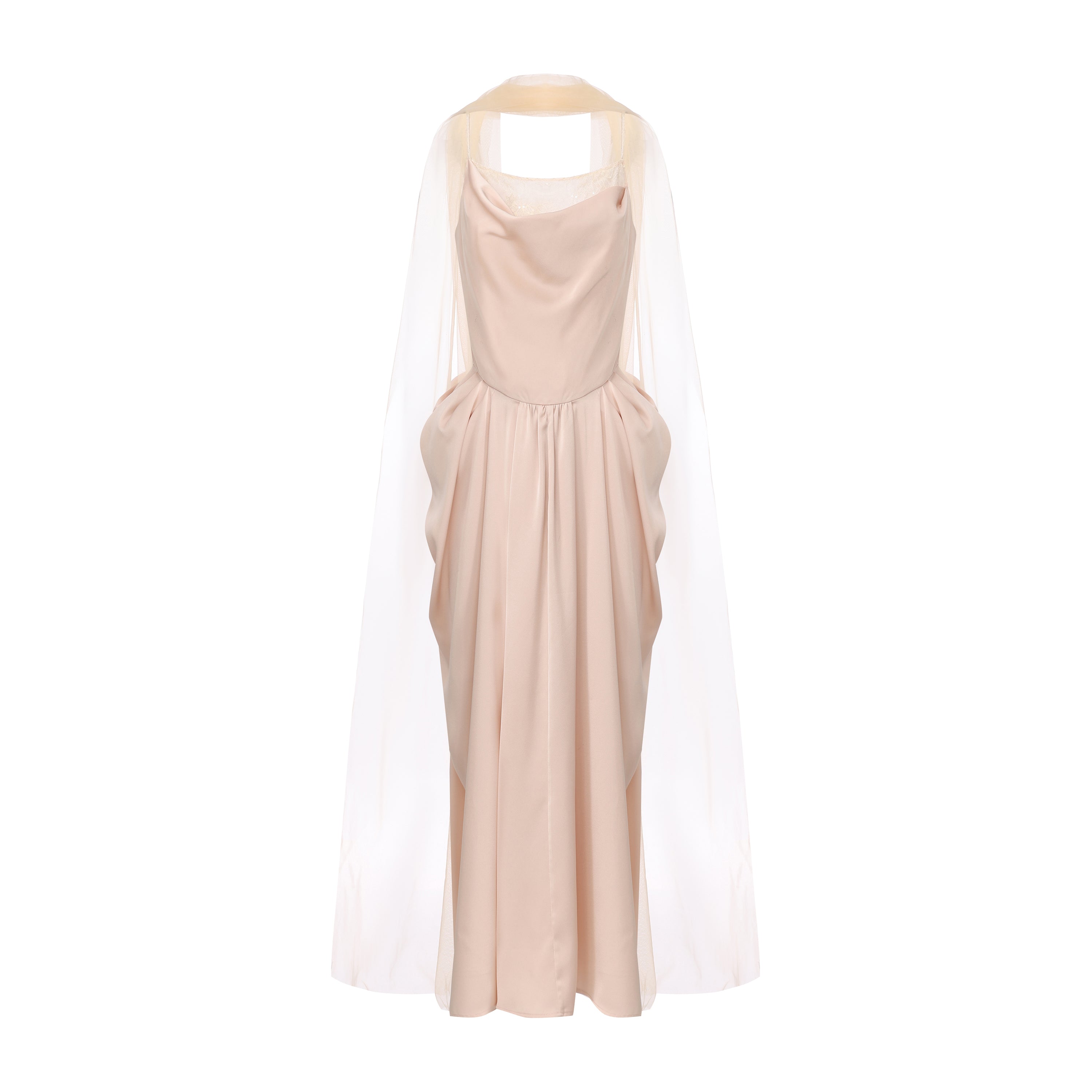 Nude Pink Lace Satin Slip Dress with Cowl Neck