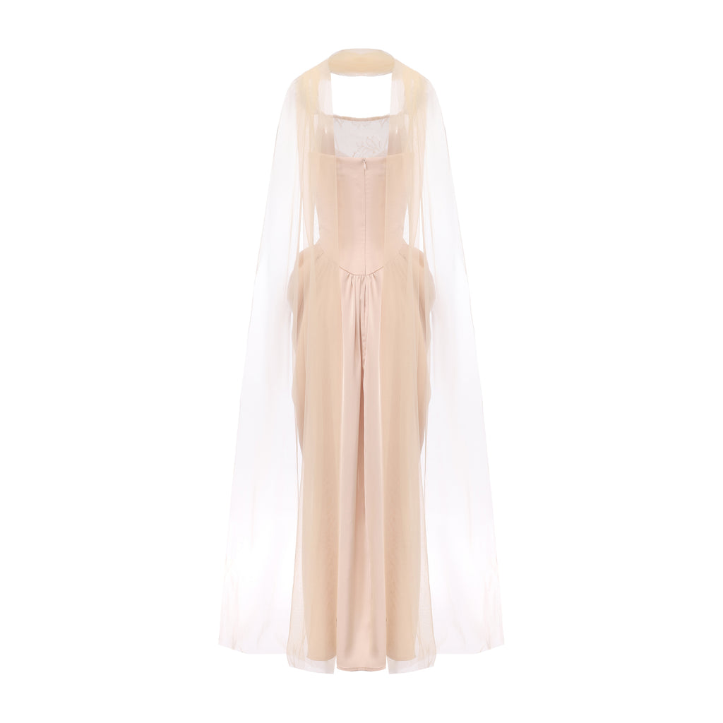 Nude Pink Lace Satin Slip Dress with Cowl Neck