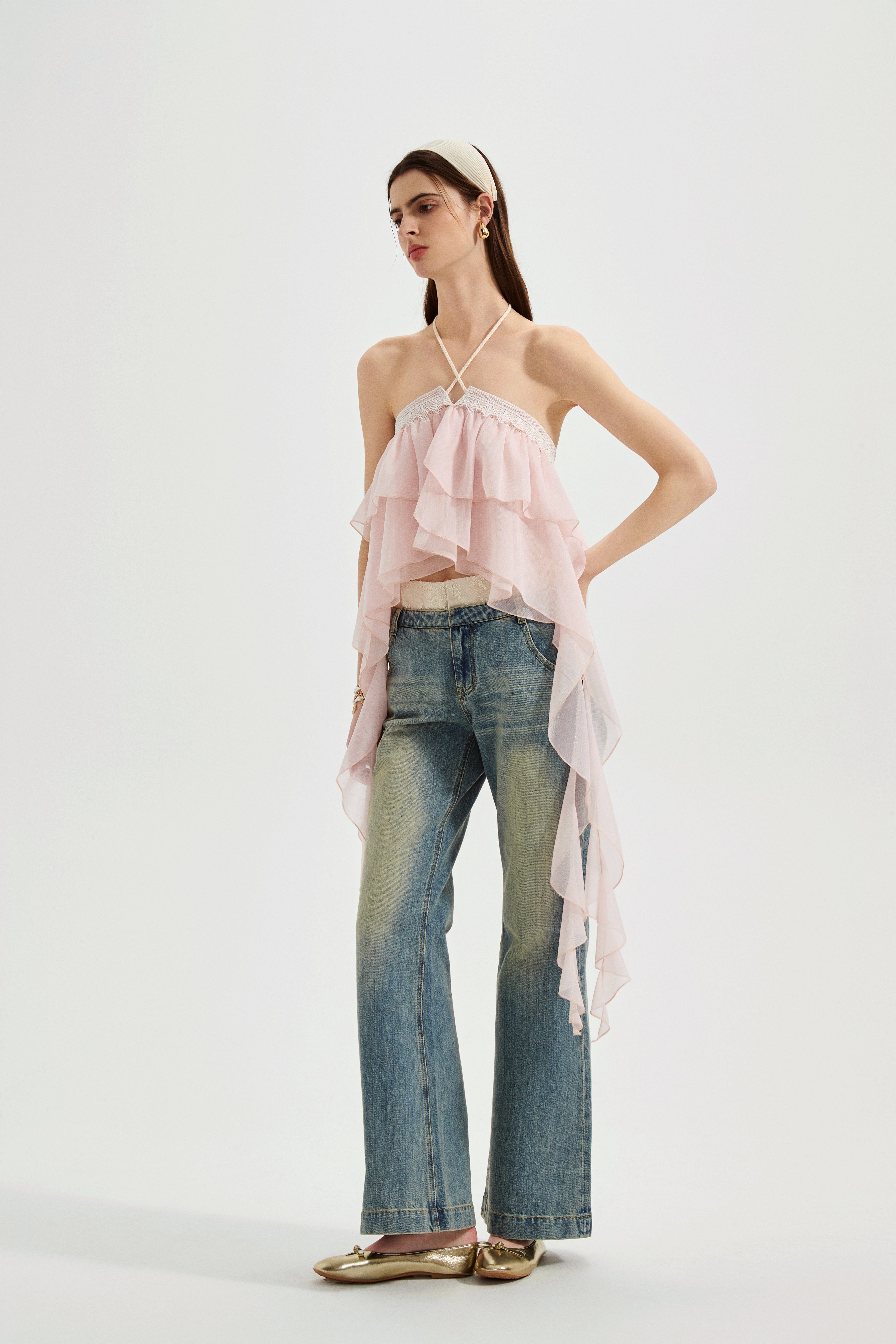 Pink Ribbon Woven Neck Top