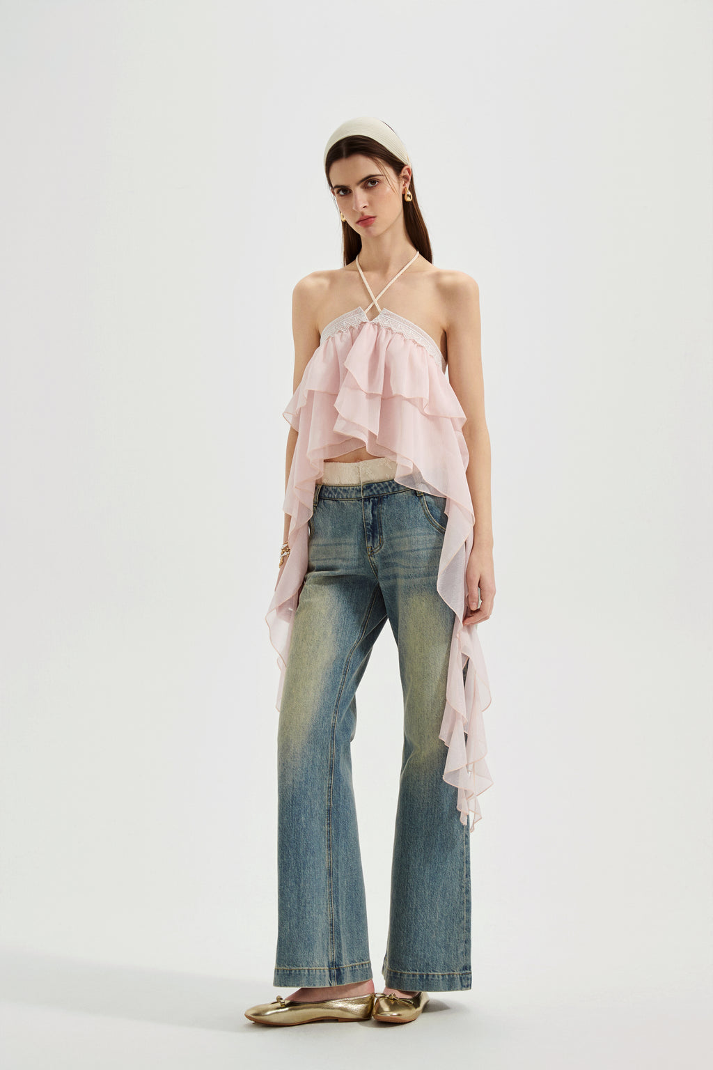 Pink Ribbon Woven Neck Top
