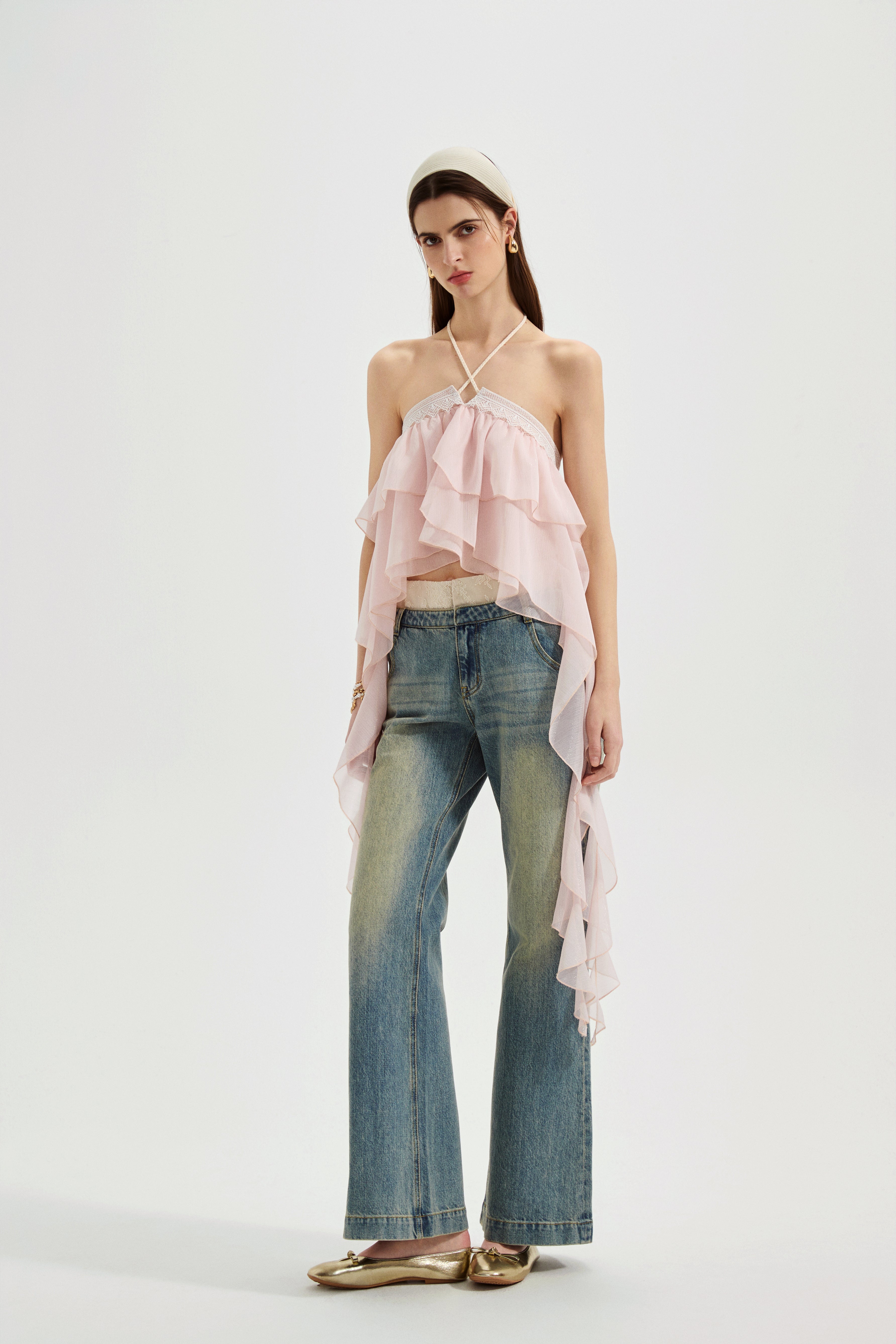 Pink Ribbon Woven Neck Top