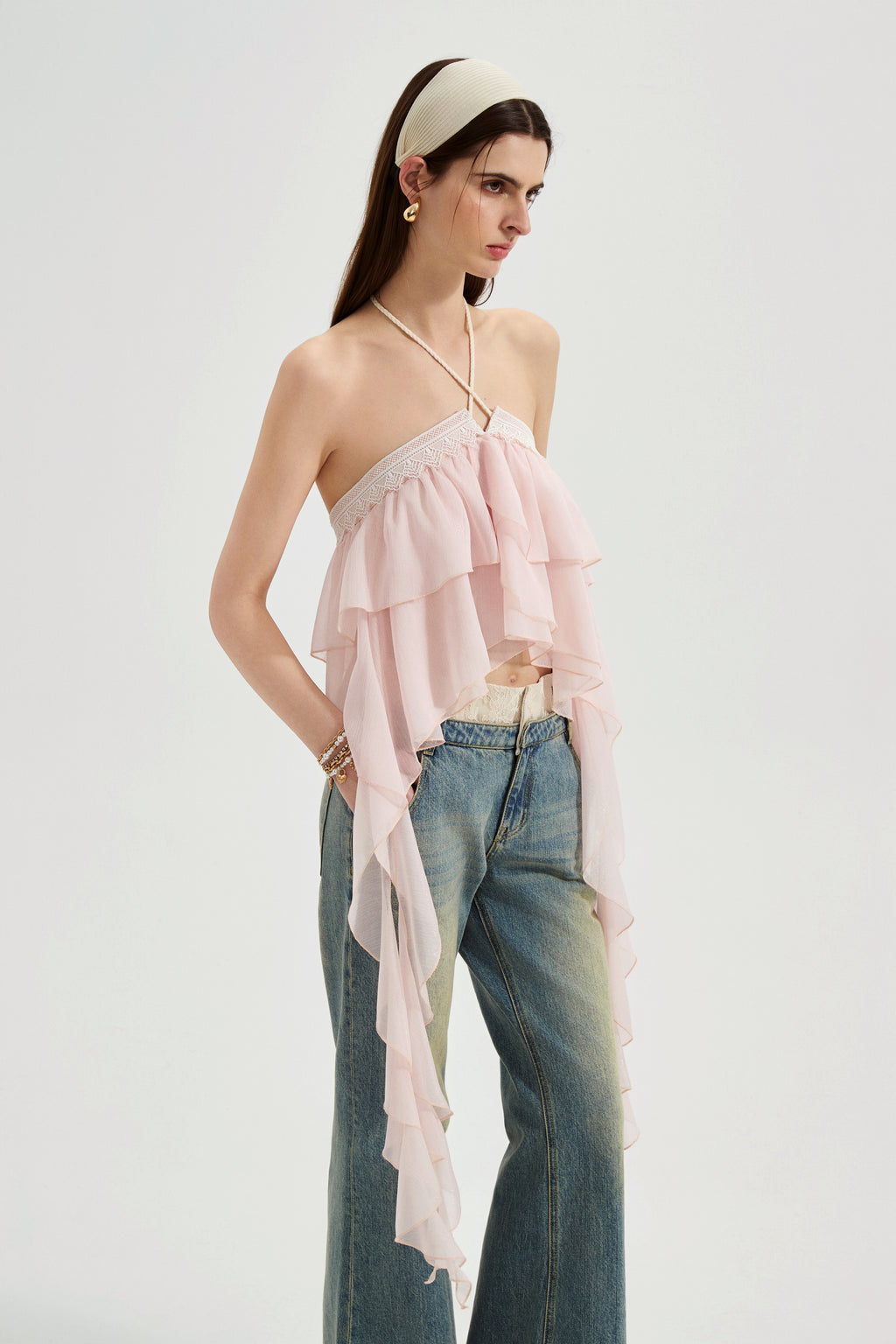 Pink Ribbon Woven Neck Top