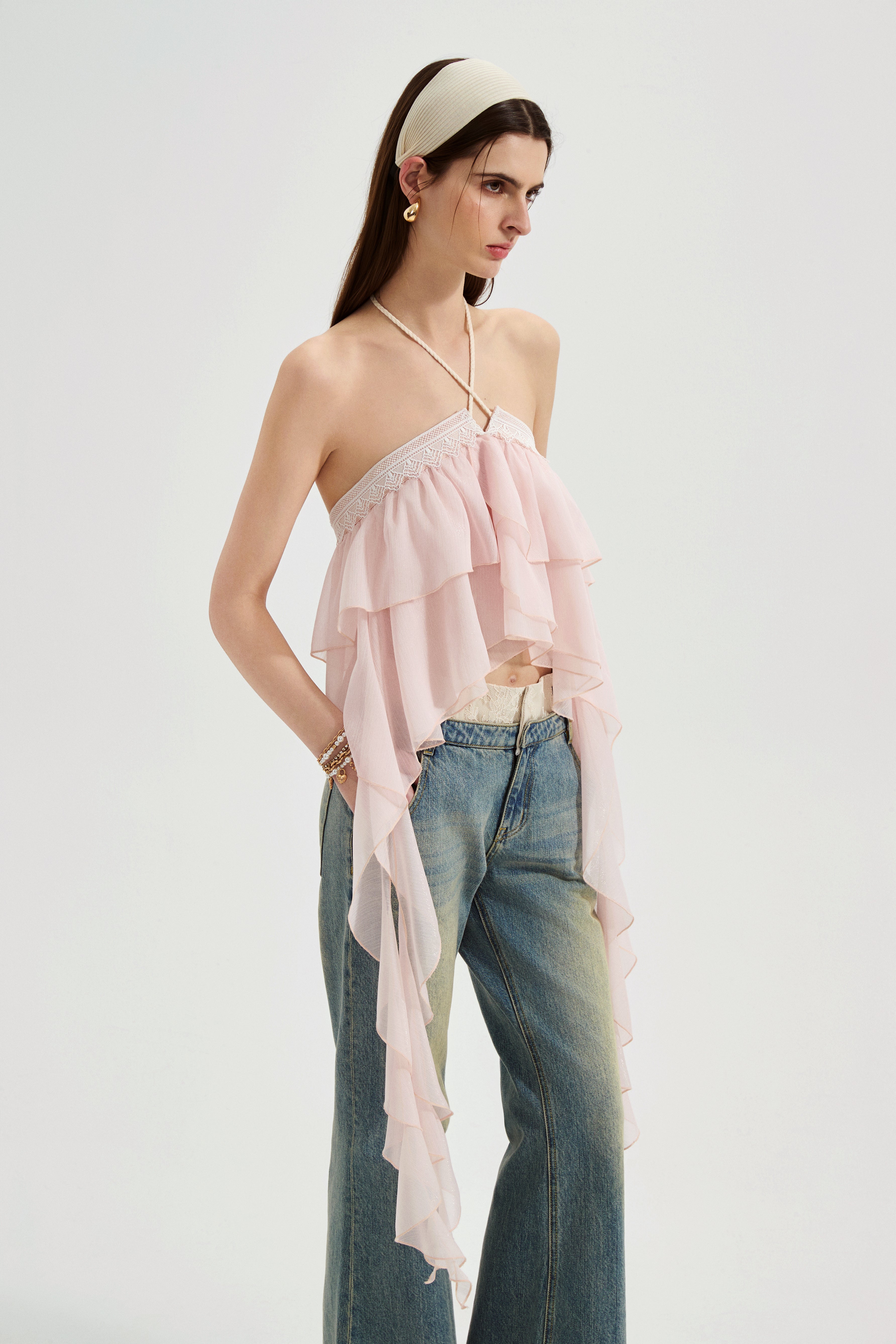 Pink Ribbon Woven Neck Top