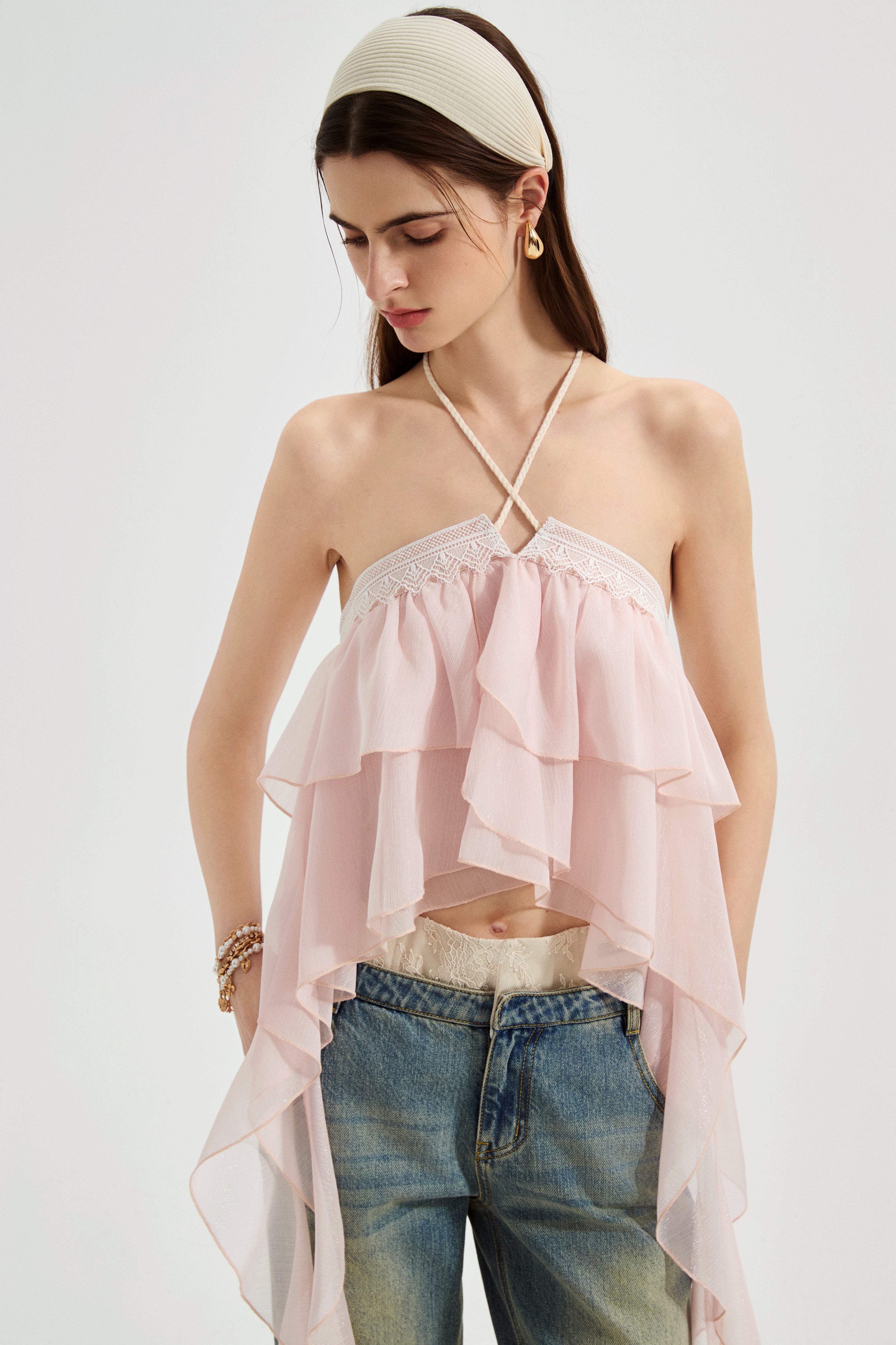 Pink Ribbon Woven Neck Top