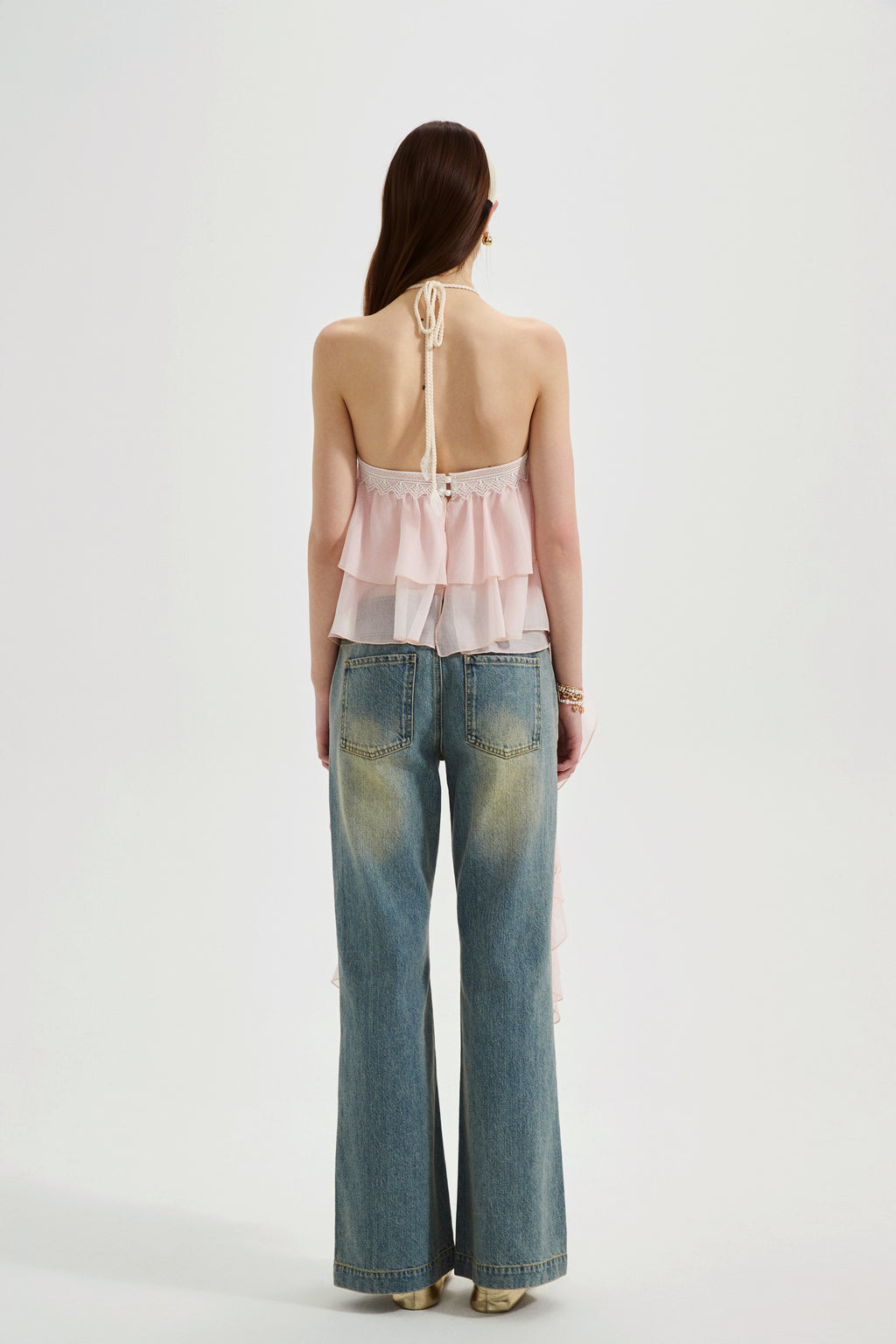 Pink Ribbon Woven Neck Top