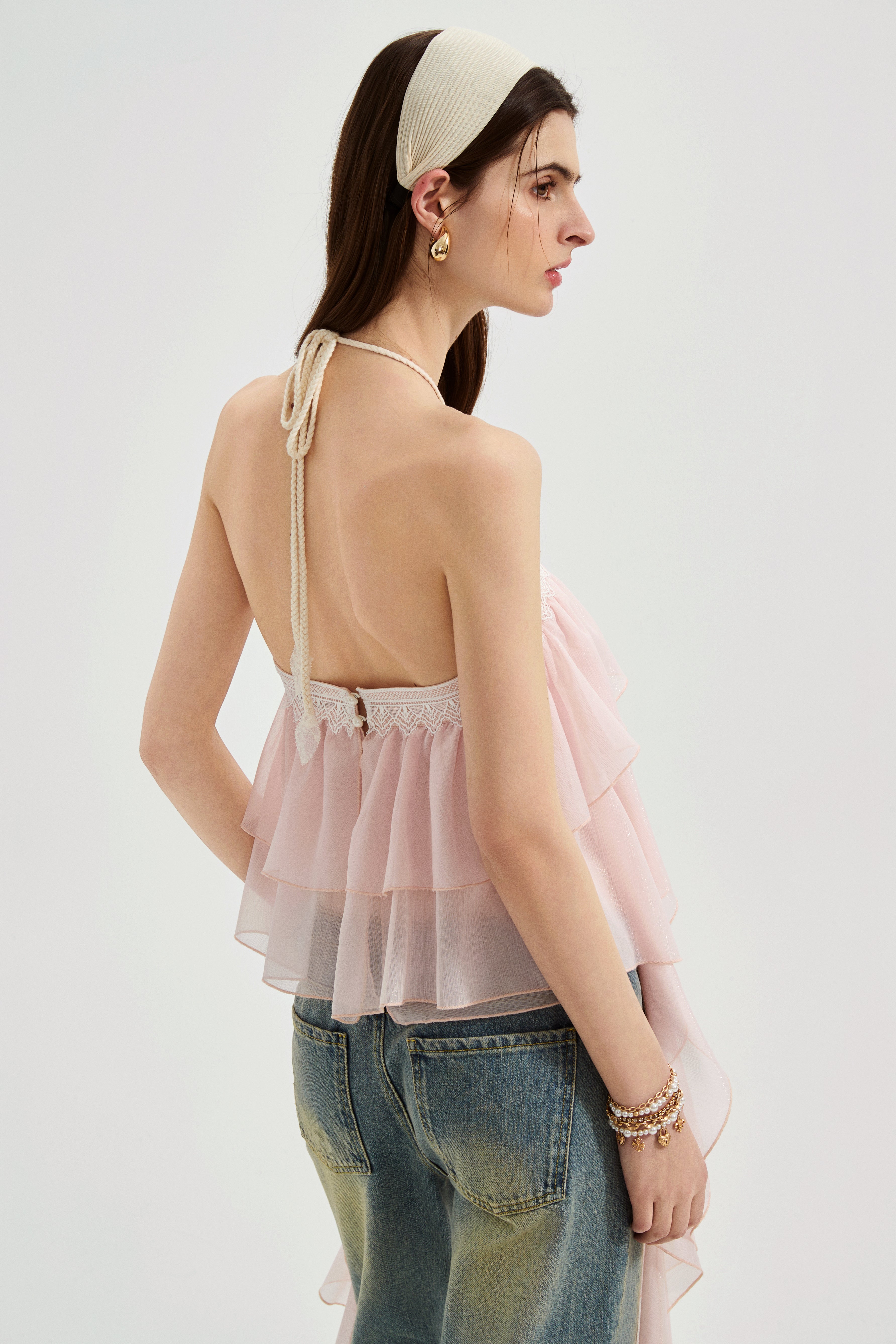 Pink Ribbon Woven Neck Top