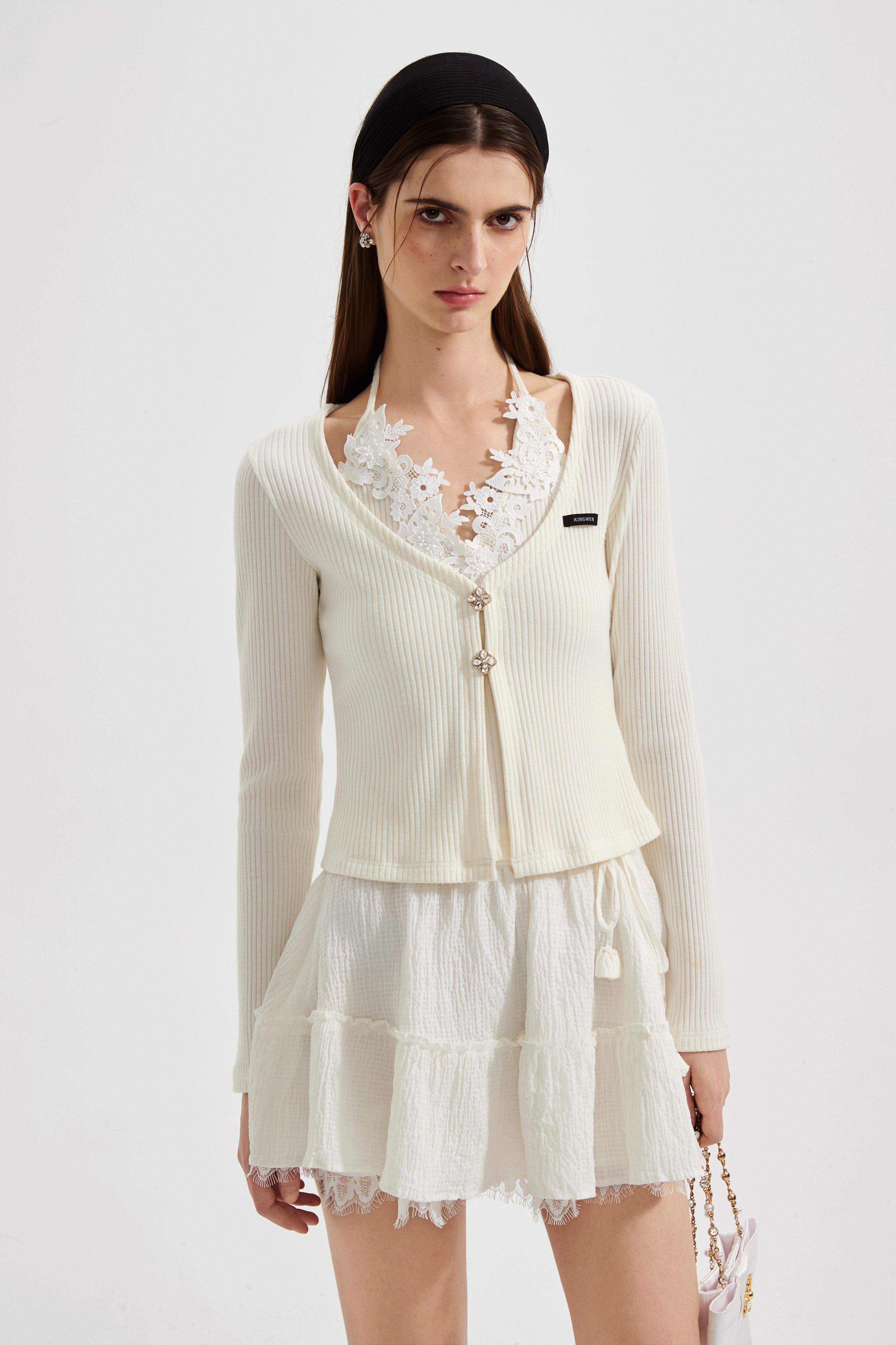 White Two-Piece Lace Halter Cardigan