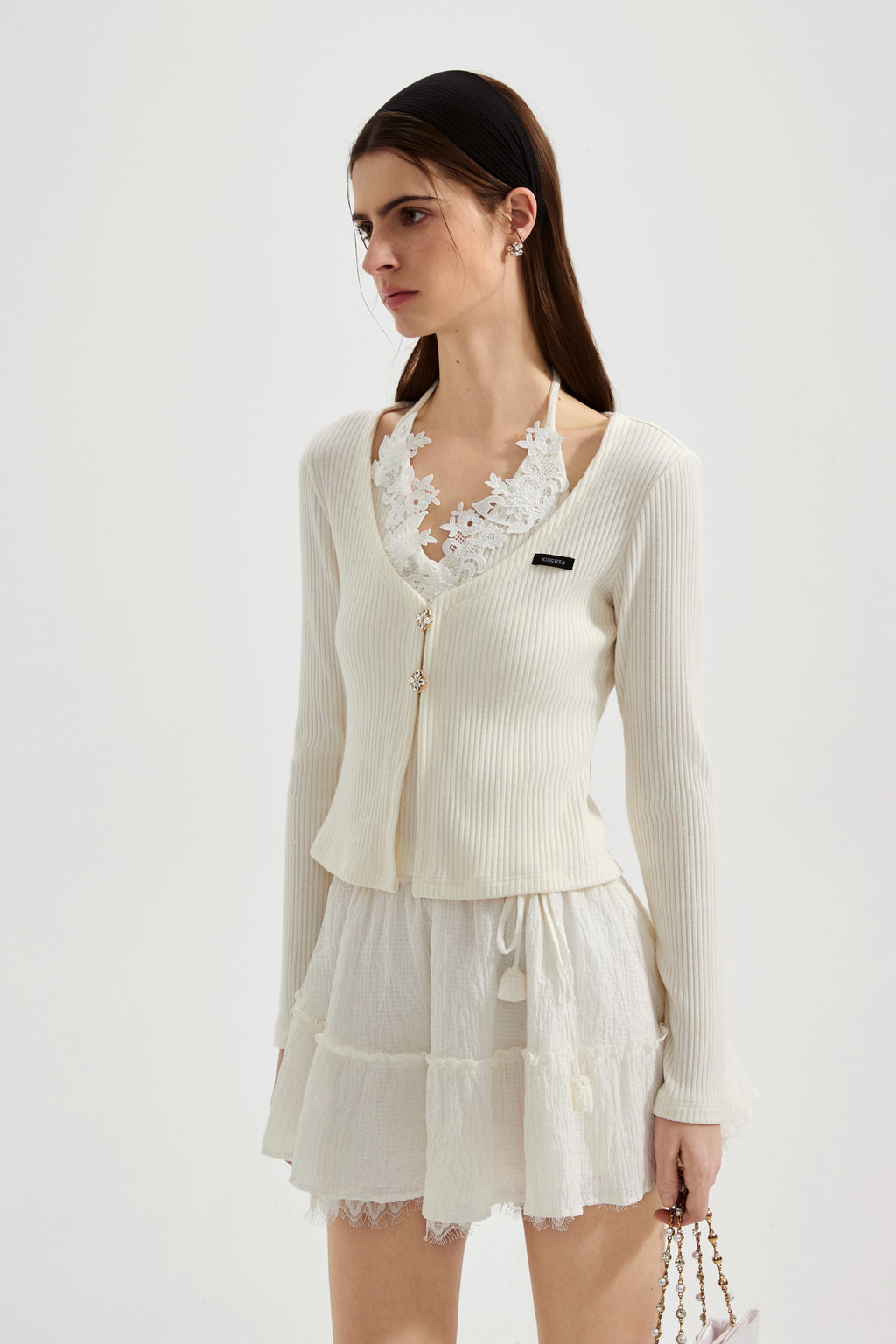 White Two-Piece Lace Halter Cardigan