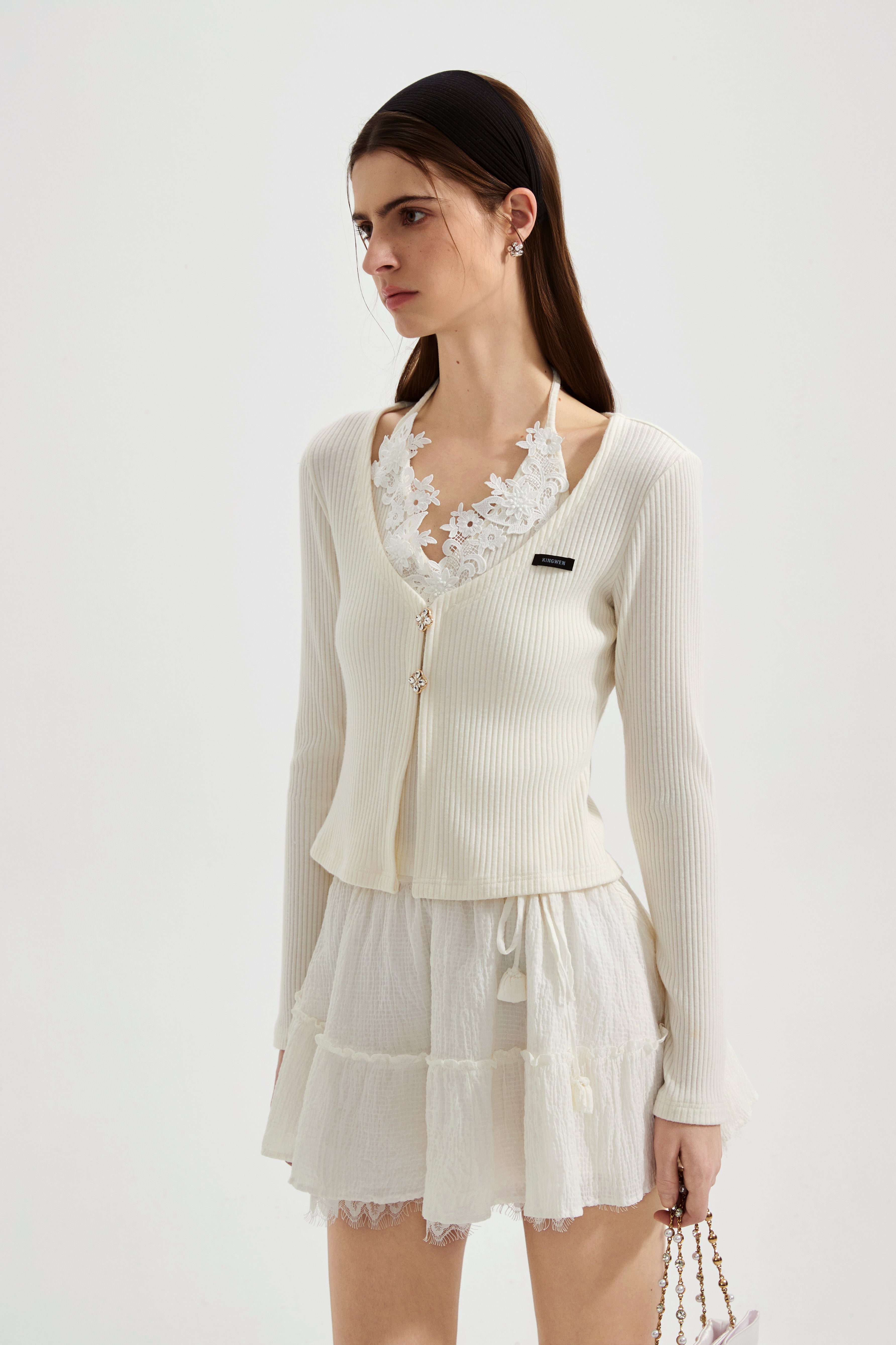 White Two-Piece Lace Halter Cardigan