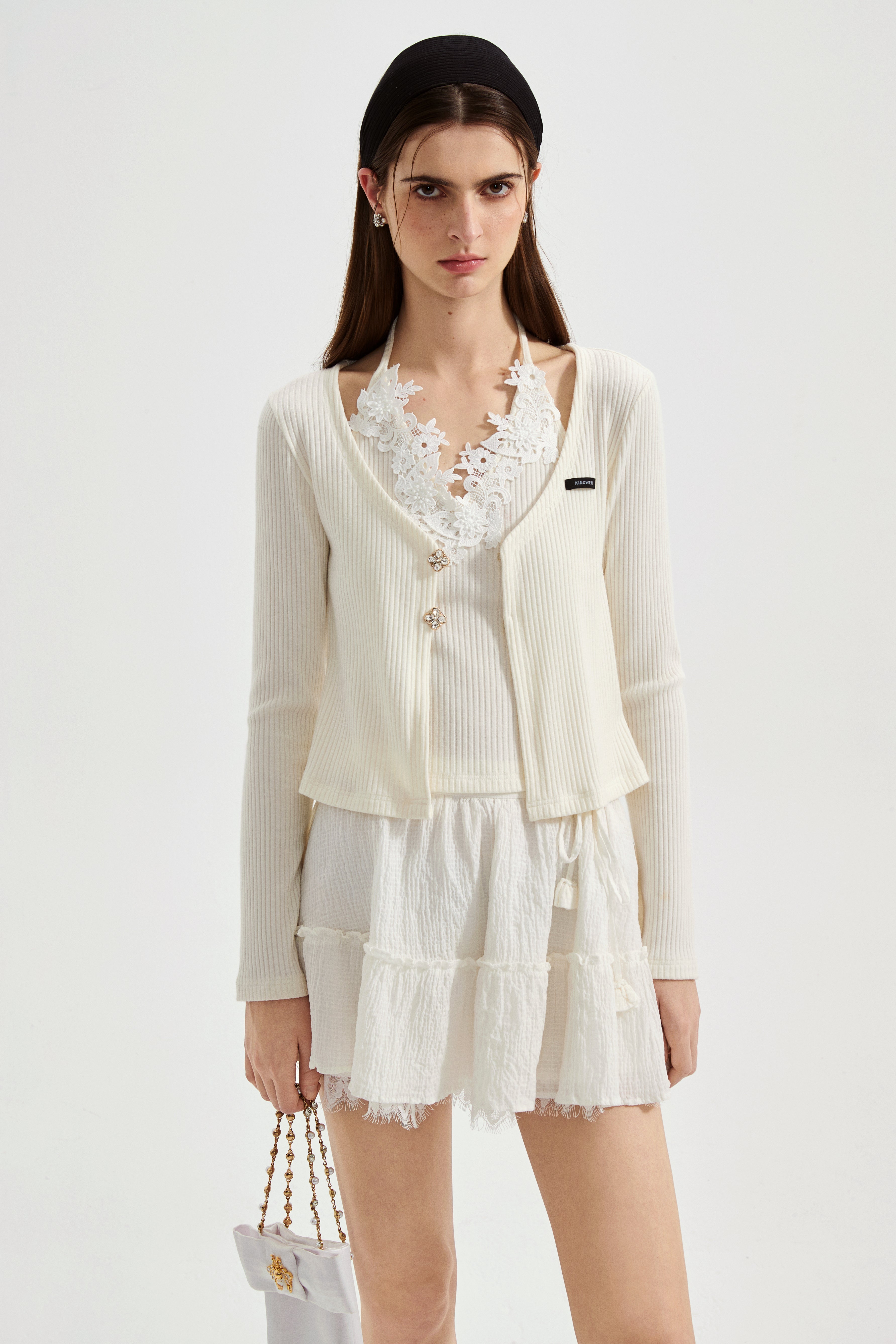 White Two-Piece Lace Halter Cardigan
