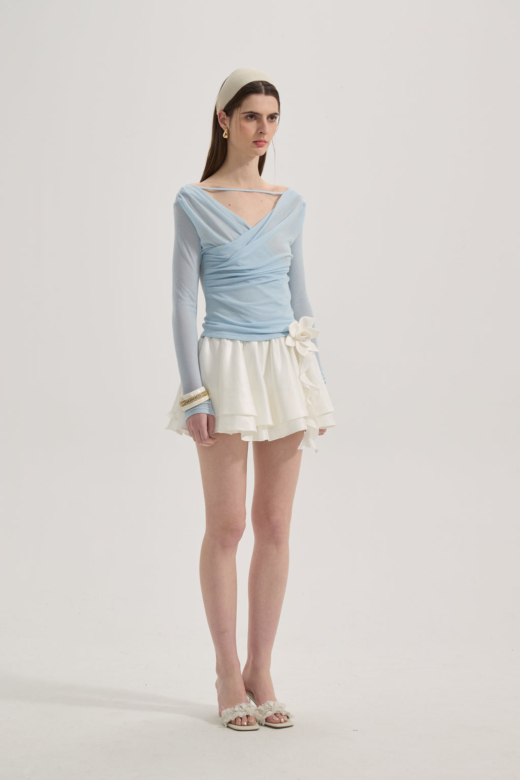 Blue Lace Flutter Neck Long Sleeved Top