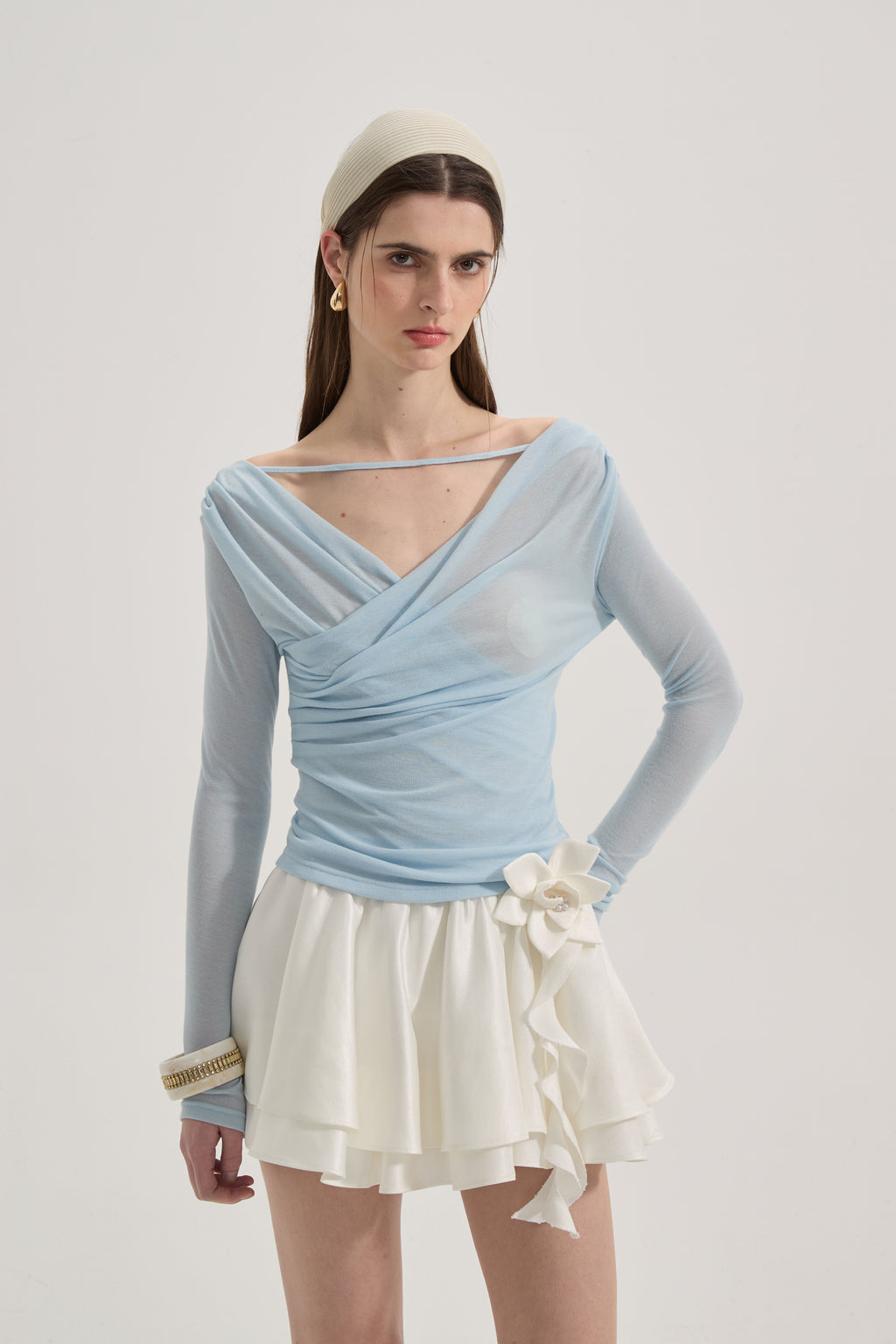 Blue Lace Flutter Neck Long Sleeved Top