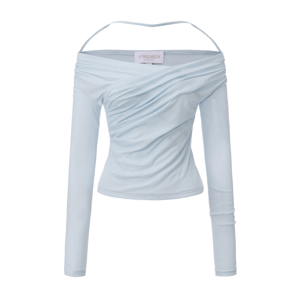 Blue Lace Flutter Neck Long Sleeved Top