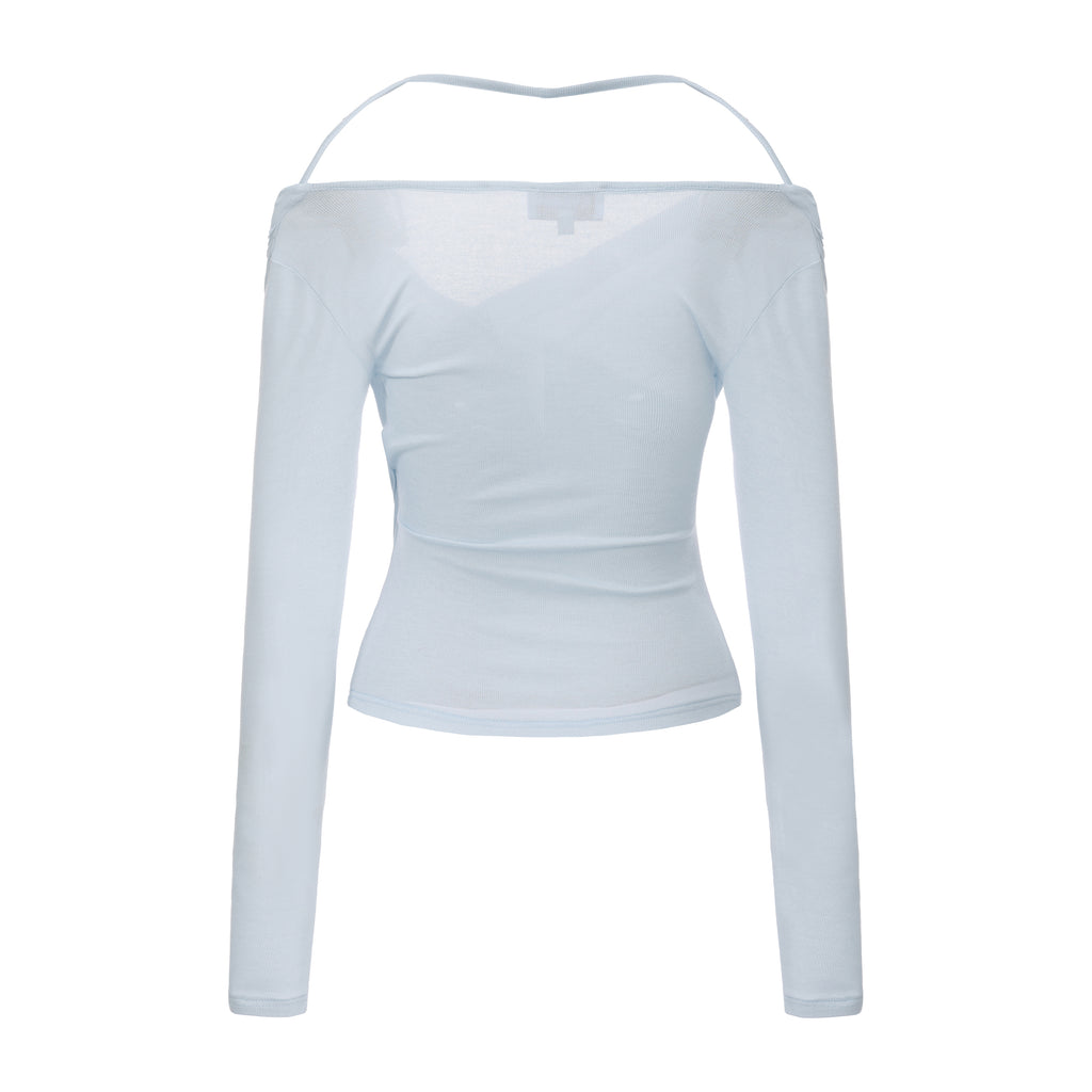 Blue Lace Flutter Neck Long Sleeved Top
