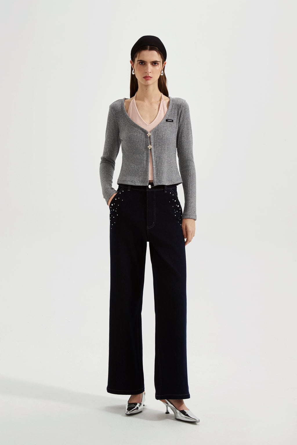 Grey Two-Piece Diamond-Studded Button-Up Strapless Cardigan