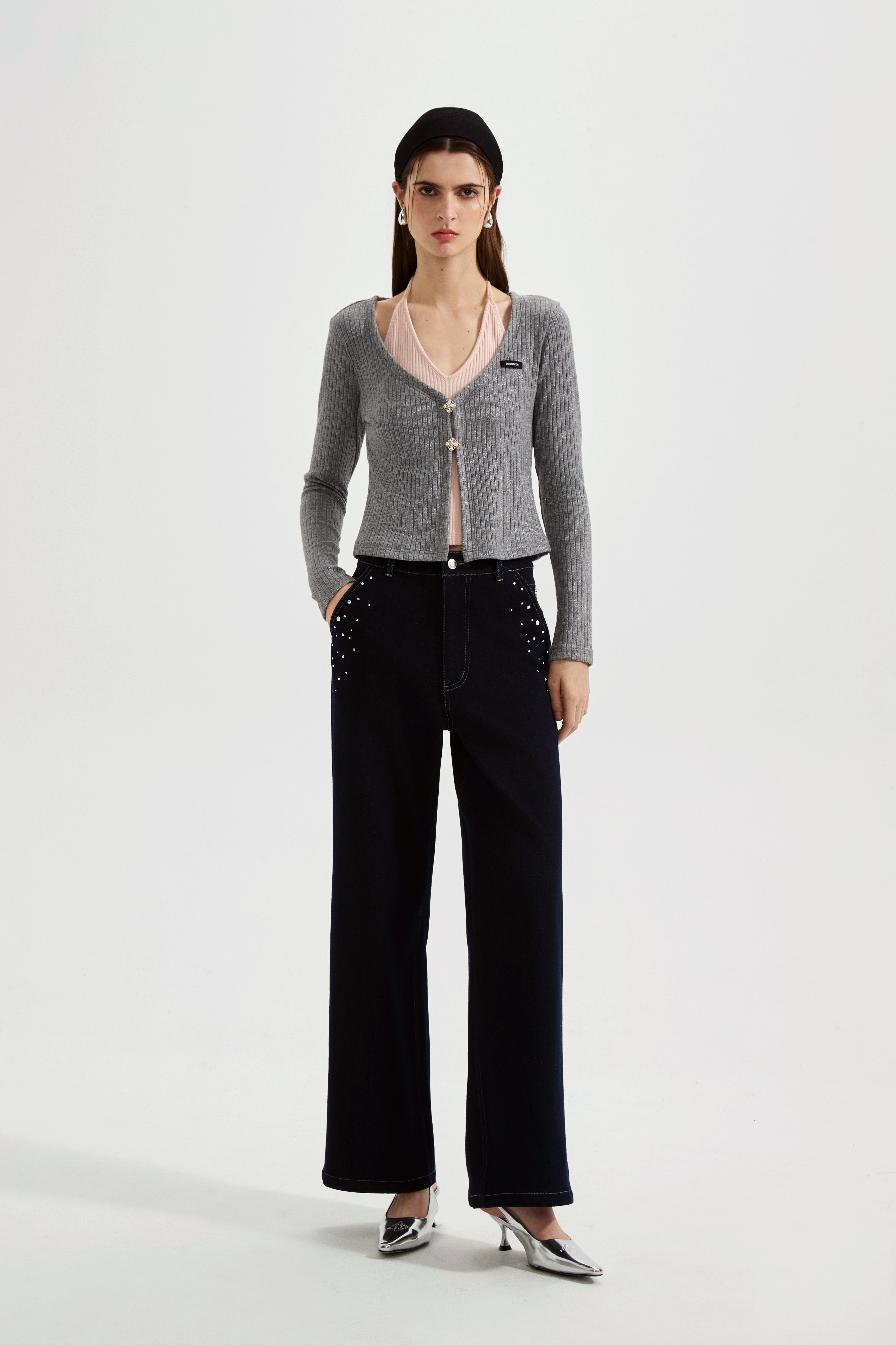 Grey Two-Piece Diamond-Studded Button-Up Strapless Cardigan