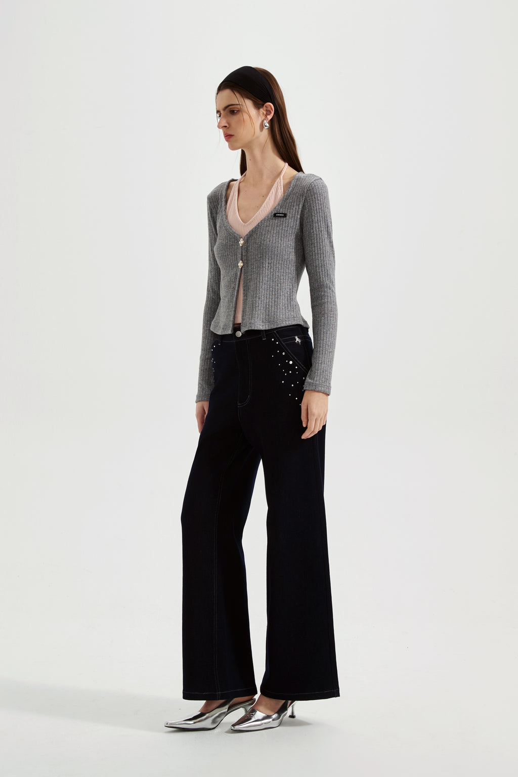 Grey Two-Piece Diamond-Studded Button-Up Strapless Cardigan