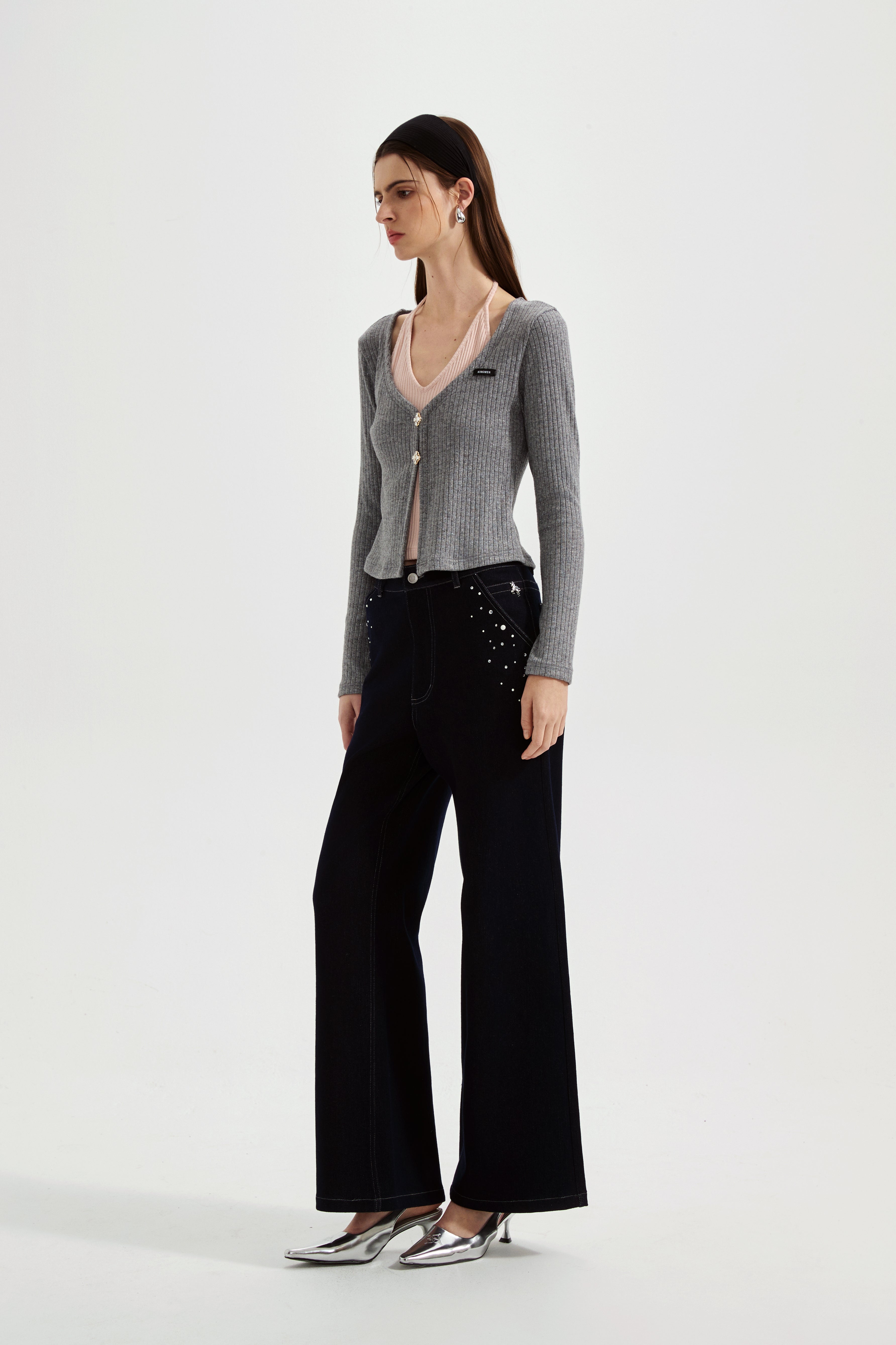 Grey Two-Piece Diamond-Studded Button-Up Strapless Cardigan