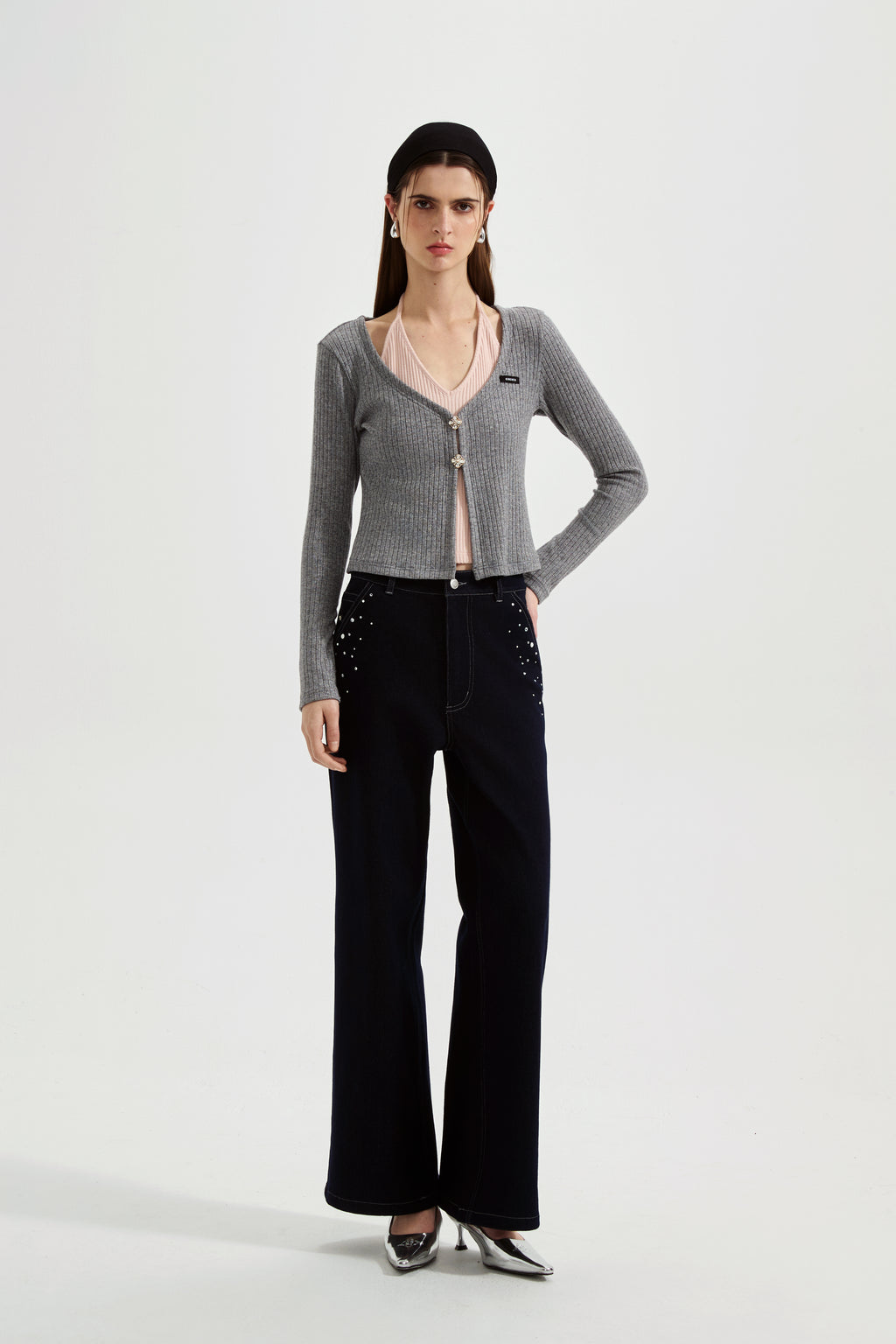 Grey Two-Piece Diamond-Studded Button-Up Strapless Cardigan