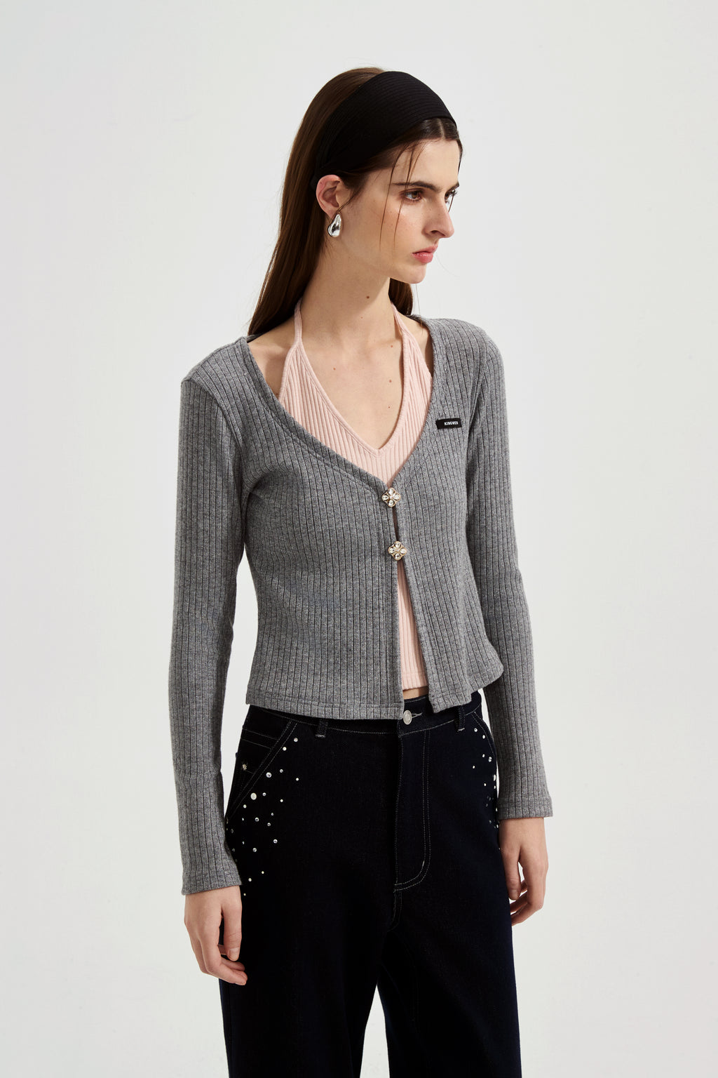 Grey Two-Piece Diamond-Studded Button-Up Strapless Cardigan