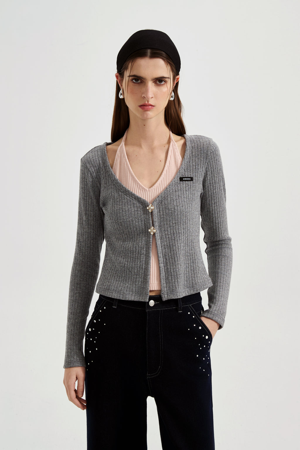 Grey Two-Piece Diamond-Studded Button-Up Strapless Cardigan