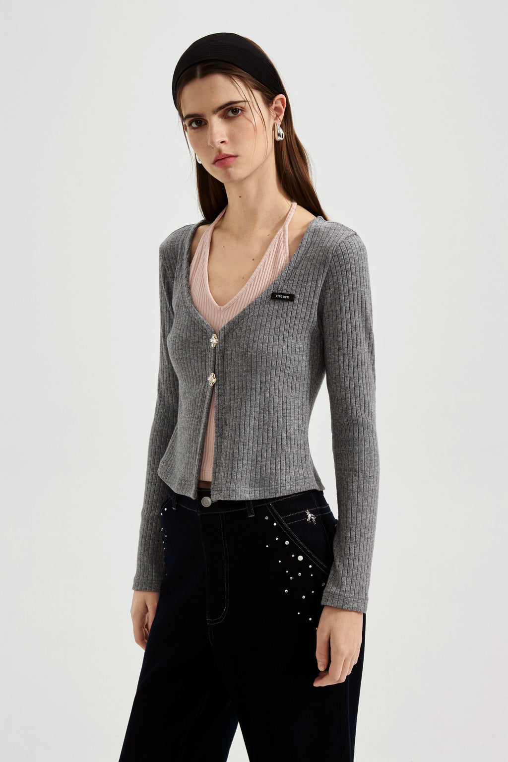 Grey Two-Piece Diamond-Studded Button-Up Strapless Cardigan