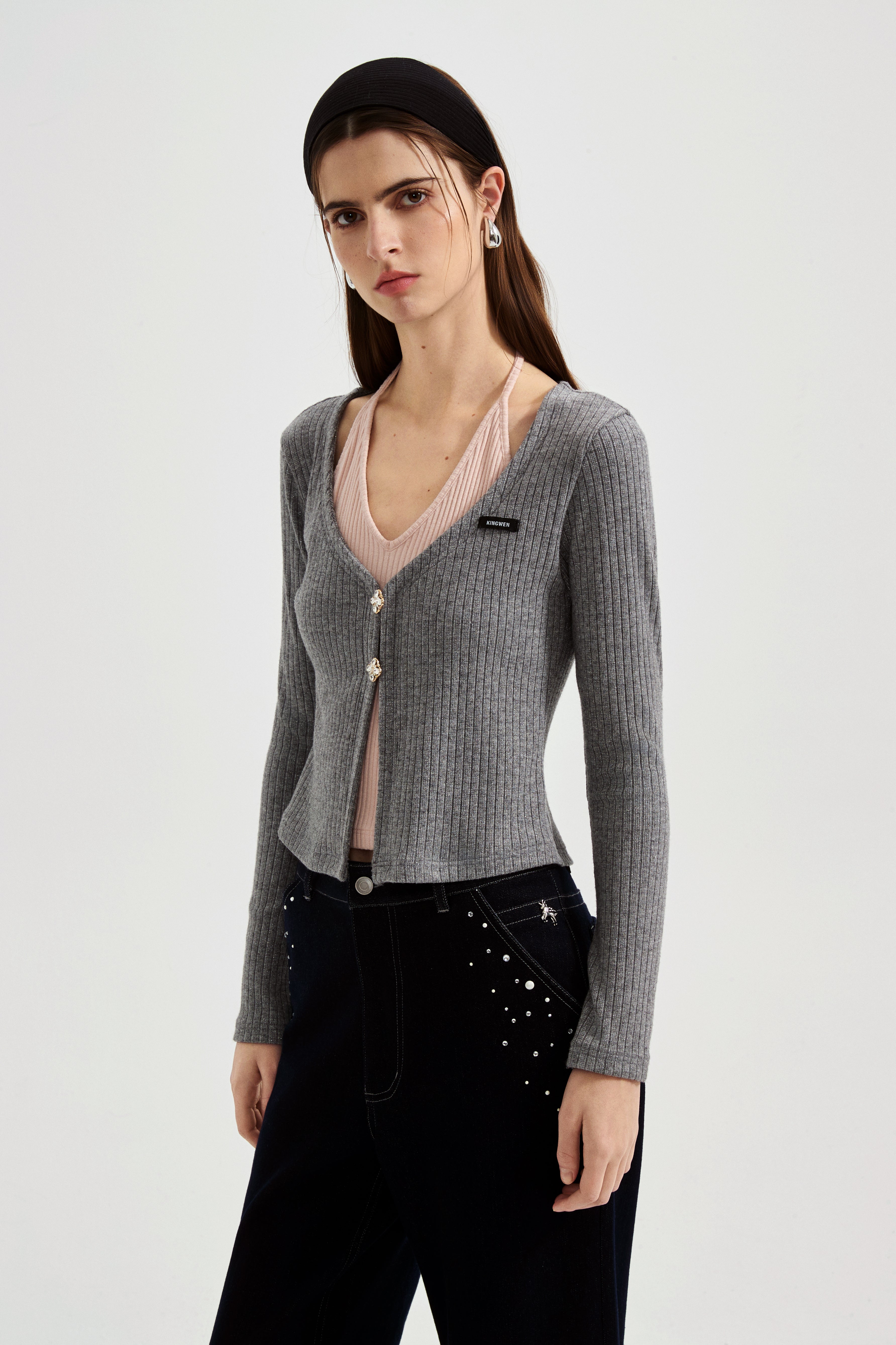 Grey Two-Piece Diamond-Studded Button-Up Strapless Cardigan