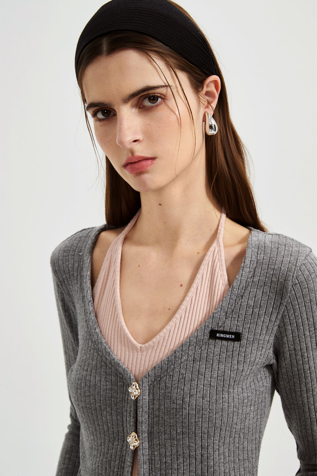 Grey Two-Piece Diamond-Studded Button-Up Strapless Cardigan