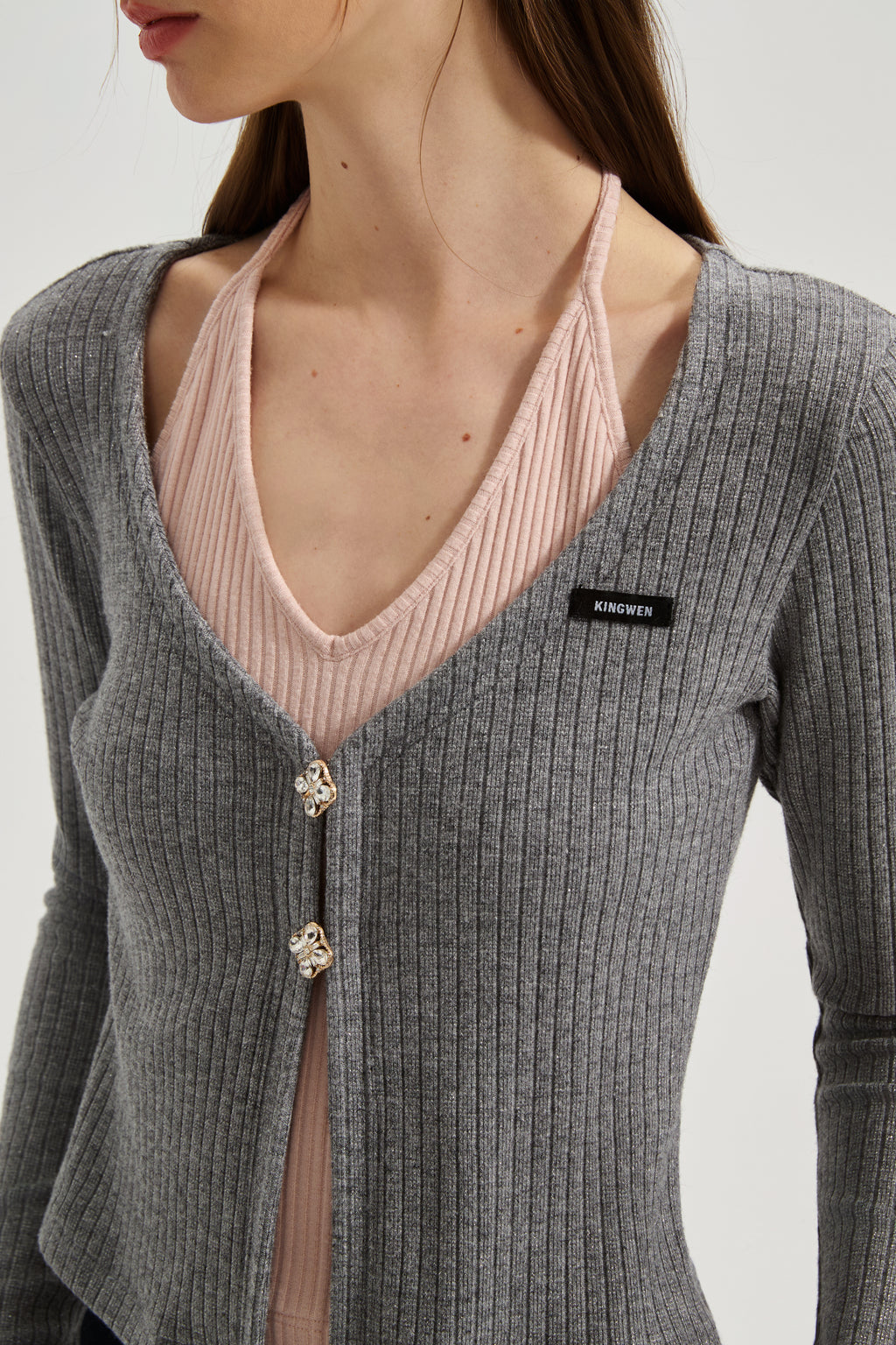 Grey Two-Piece Diamond-Studded Button-Up Strapless Cardigan