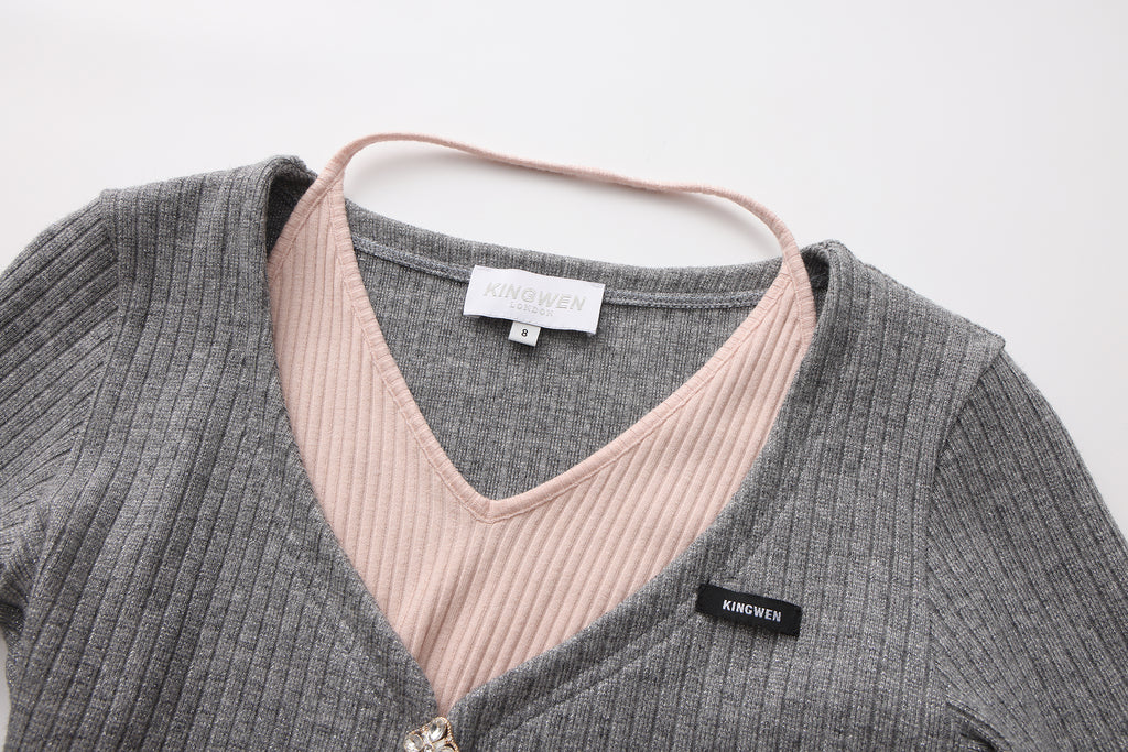 Grey Two-Piece Diamond-Studded Button-Up Strapless Cardigan