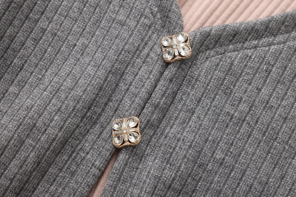 Grey Two-Piece Diamond-Studded Button-Up Strapless Cardigan