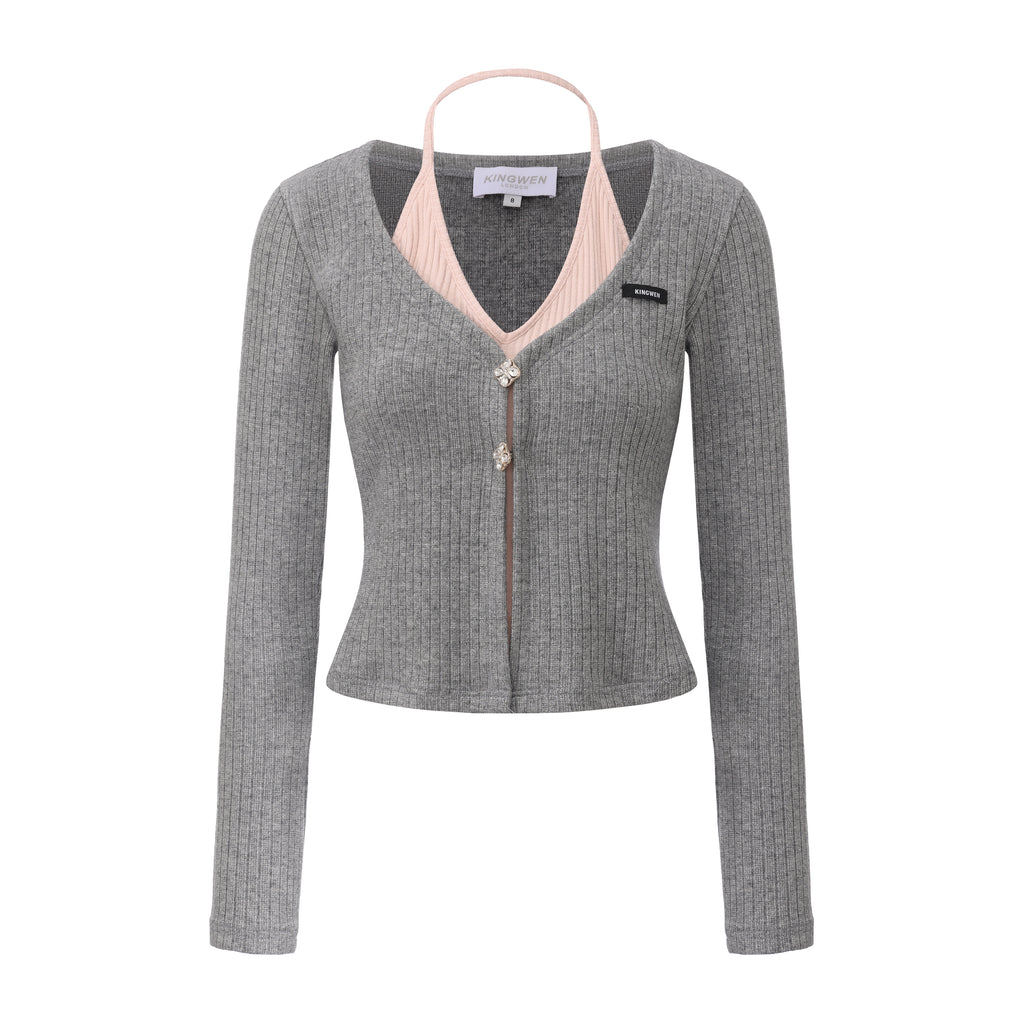 Grey Two-Piece Diamond-Studded Button-Up Strapless Cardigan