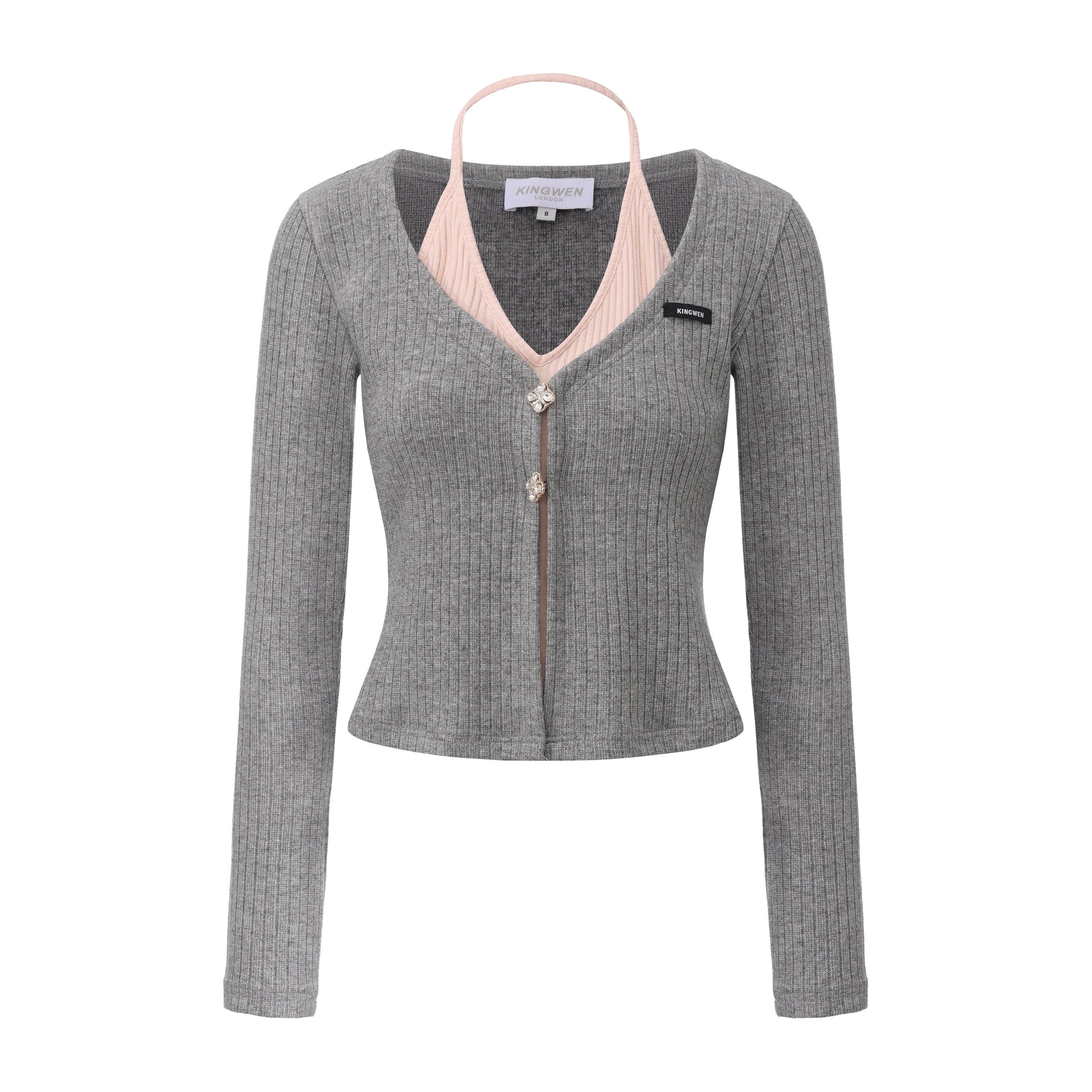 Grey Two-Piece Diamond-Studded Button-Up Strapless Cardigan