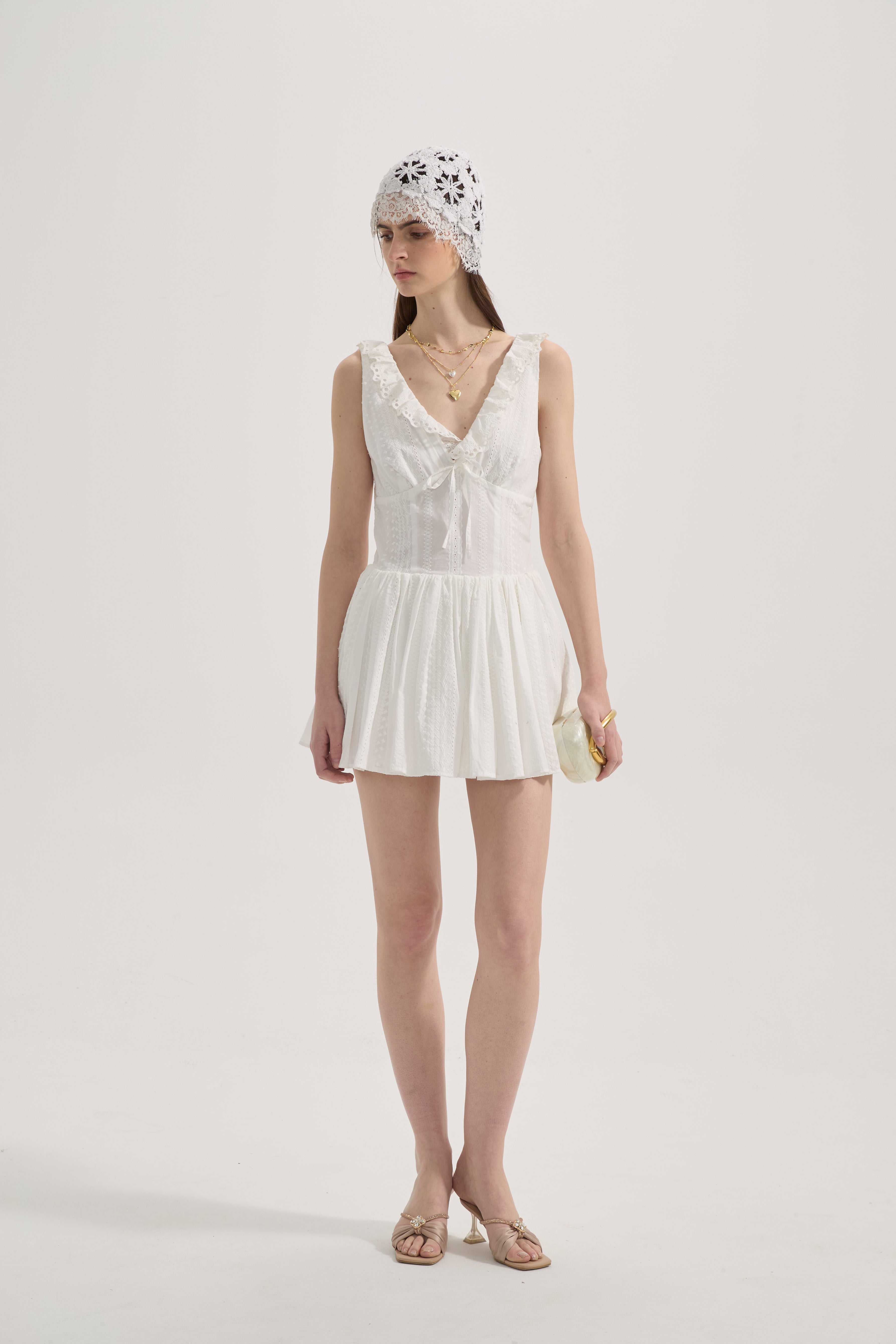 White Lace V-neck A-line Dress