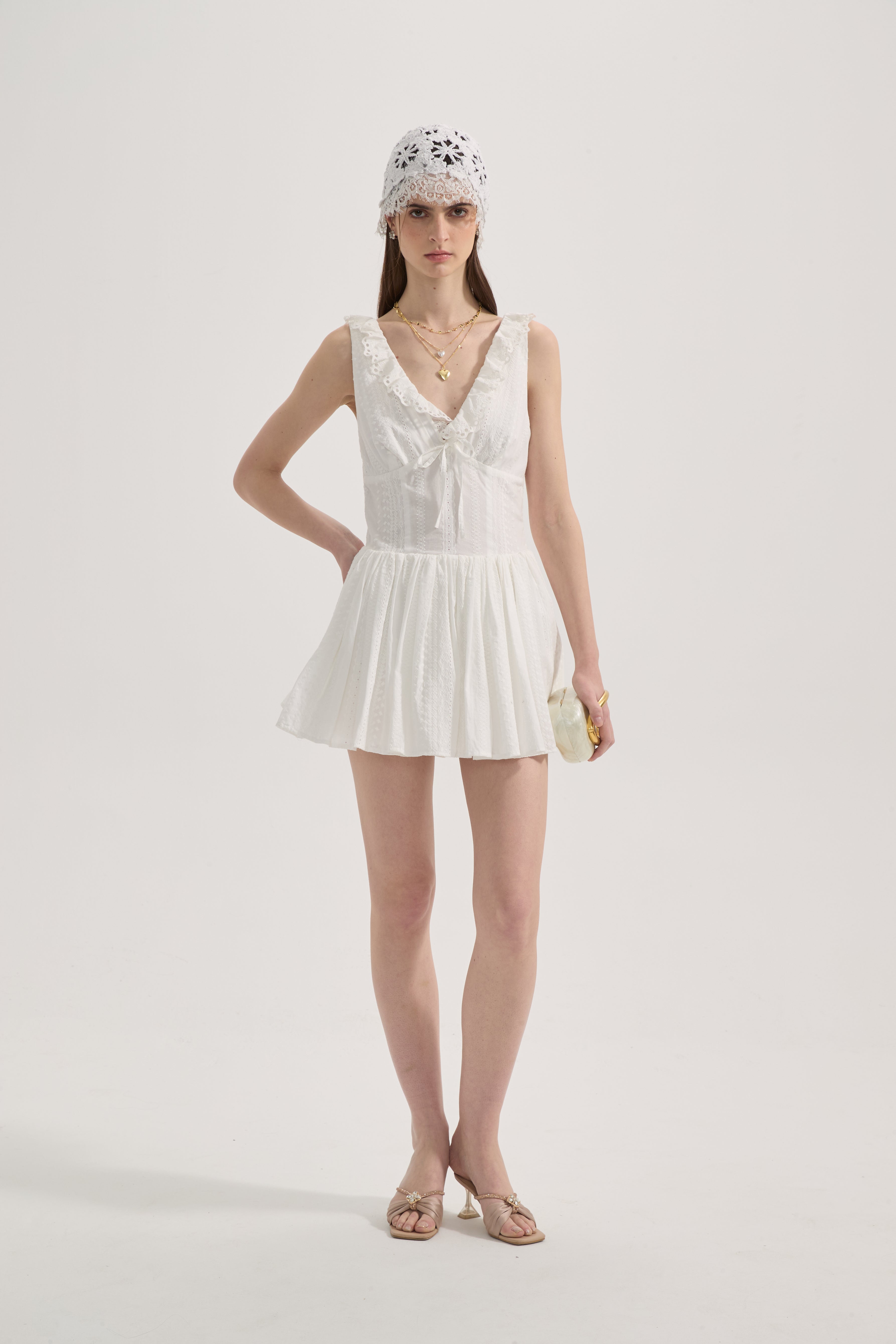 White Lace V-neck A-line Dress