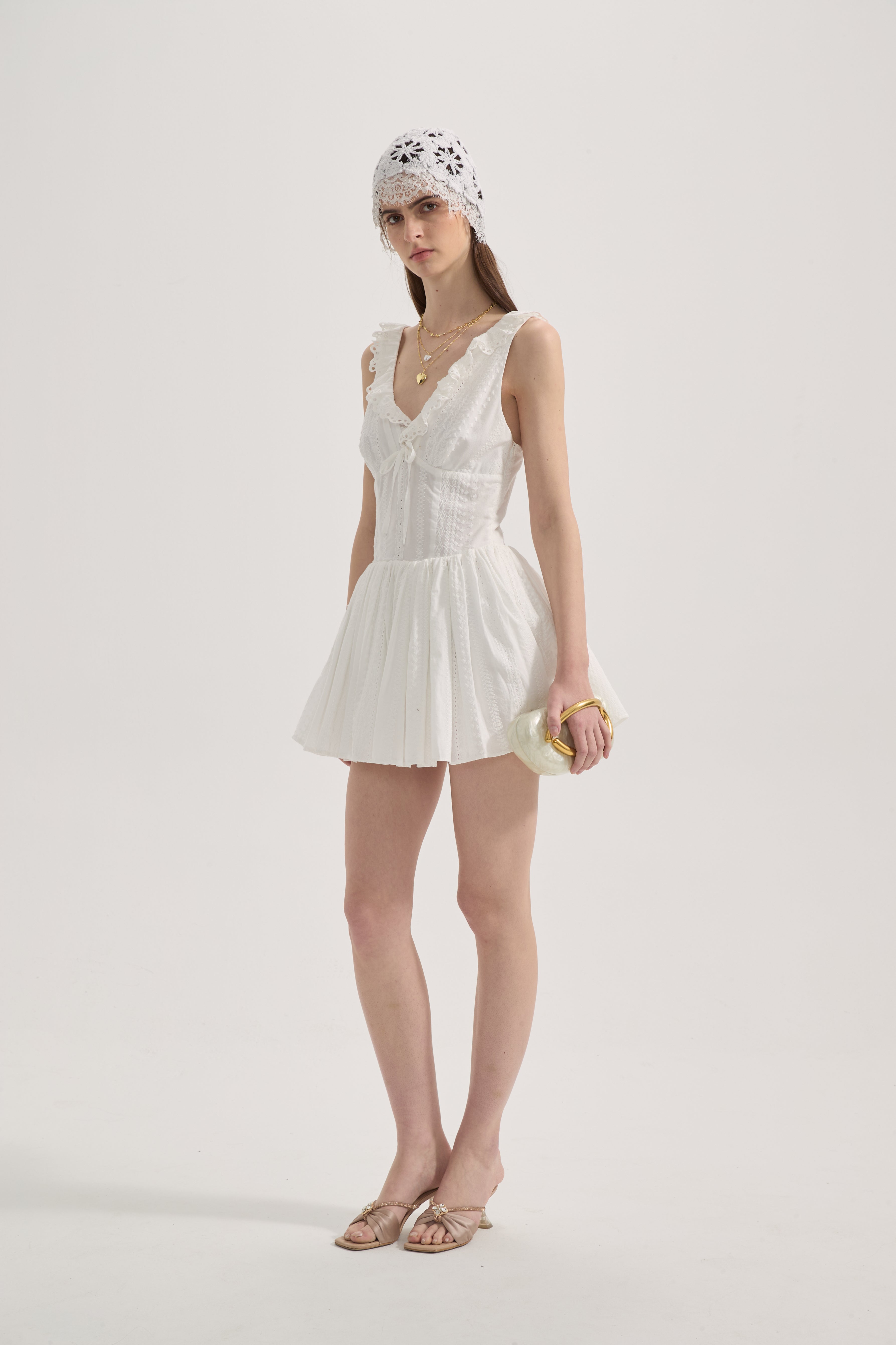 White Lace V-neck A-line Dress
