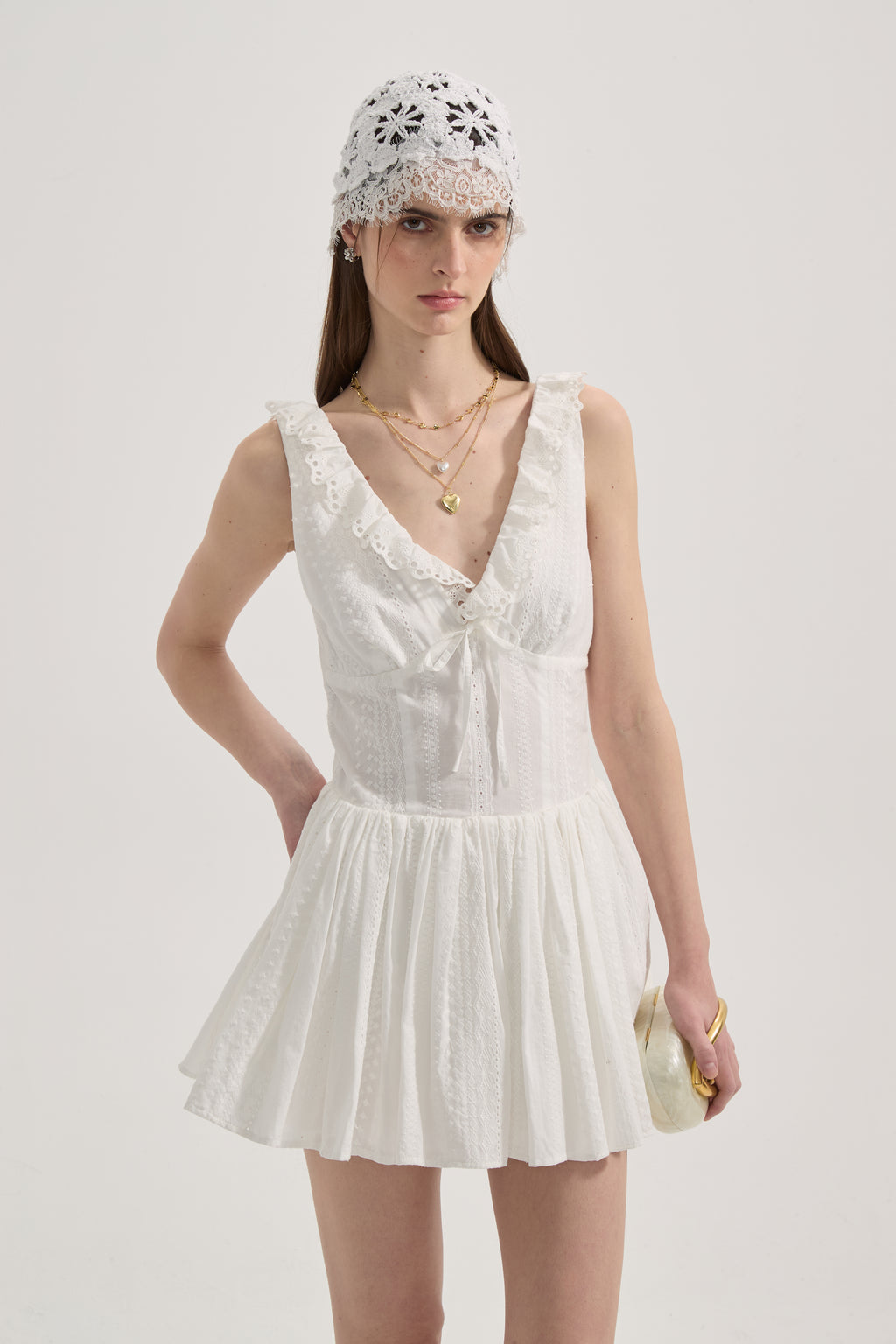 White Lace V-neck A-line Dress