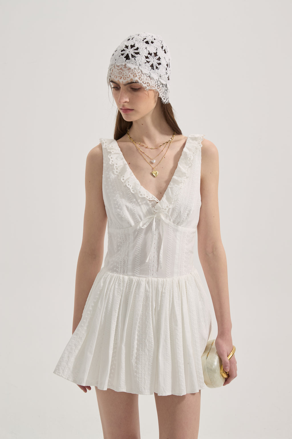White Lace V-neck A-line Dress