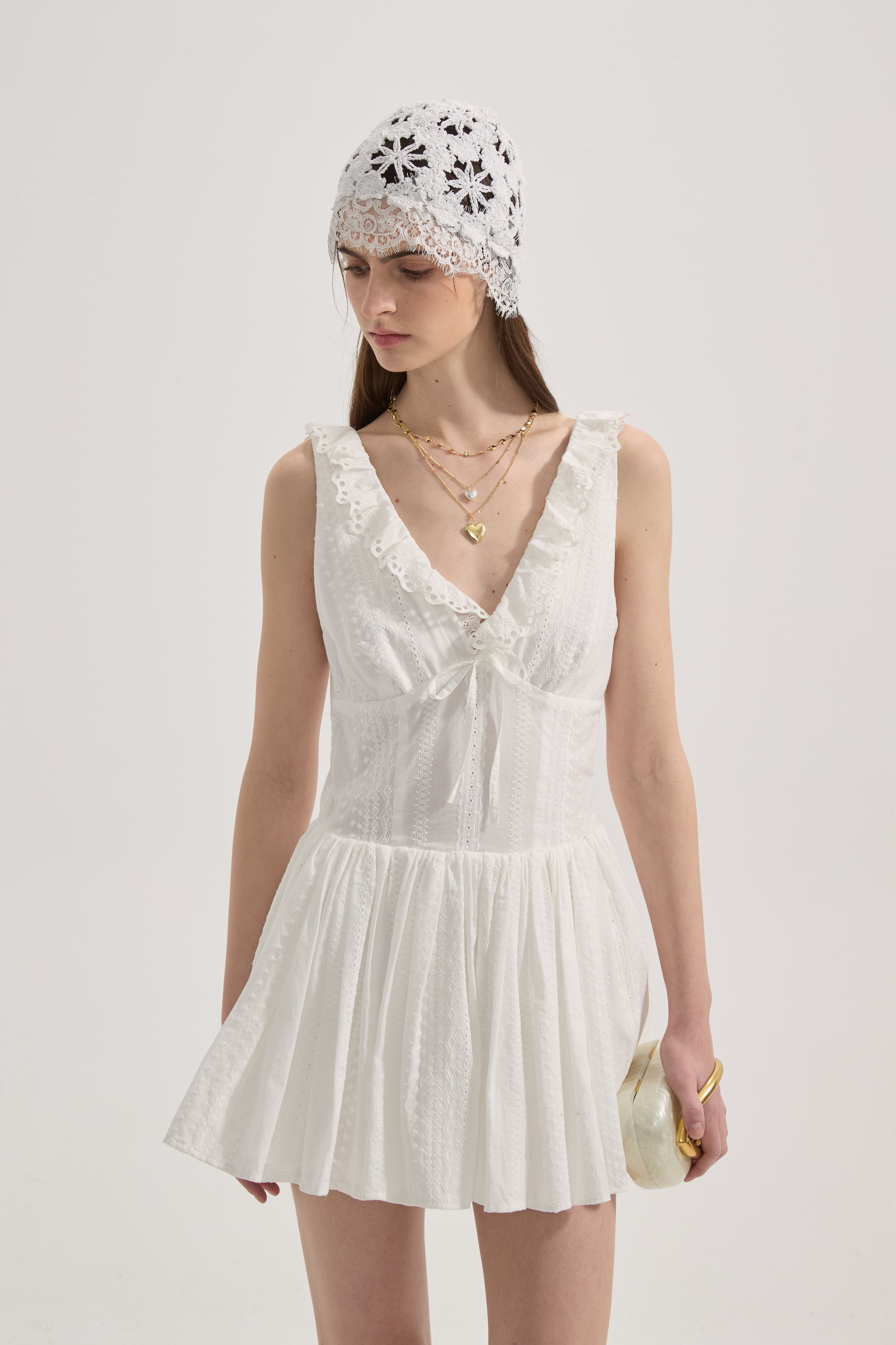 White Lace V-neck A-line Dress