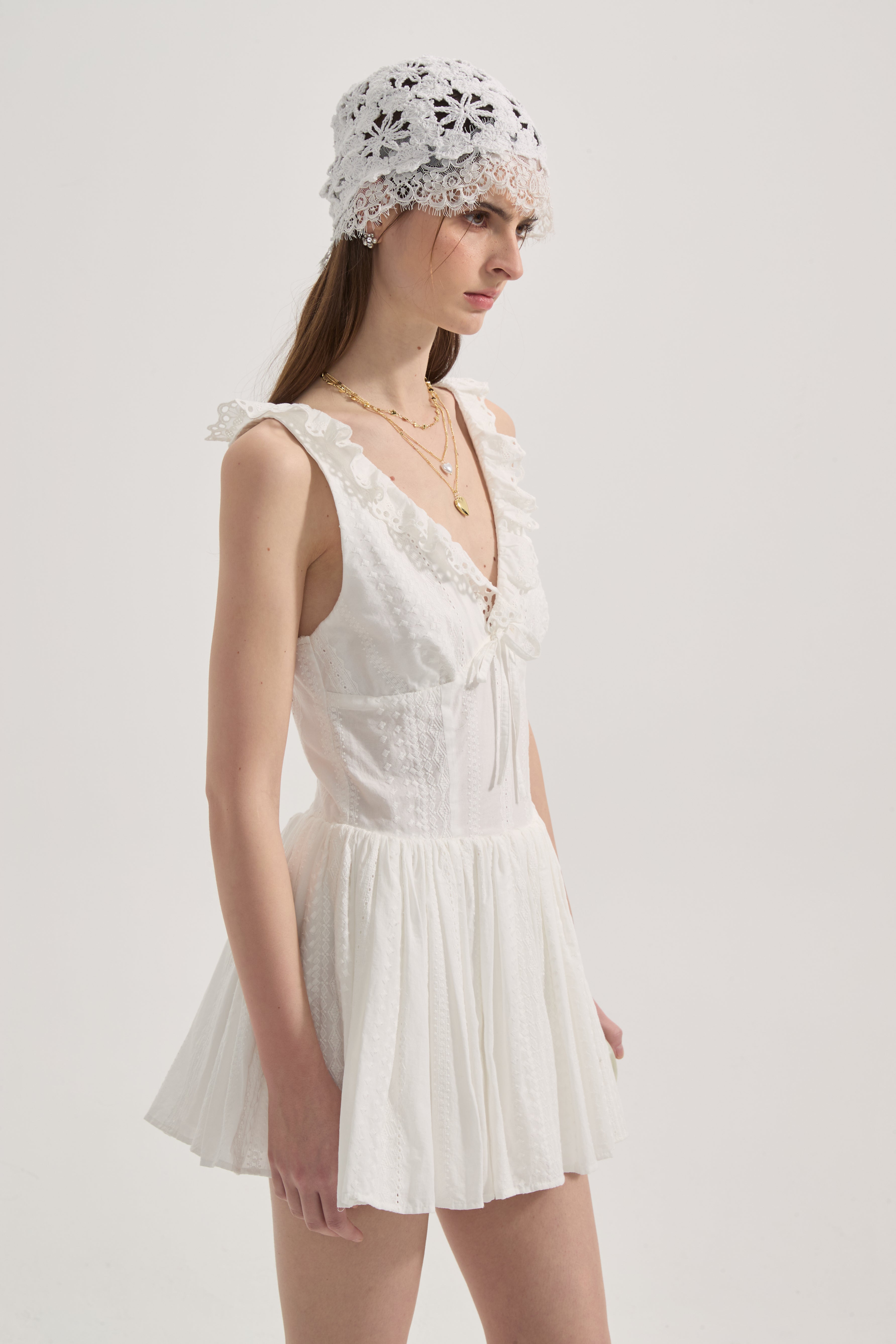 White Lace V-neck A-line Dress
