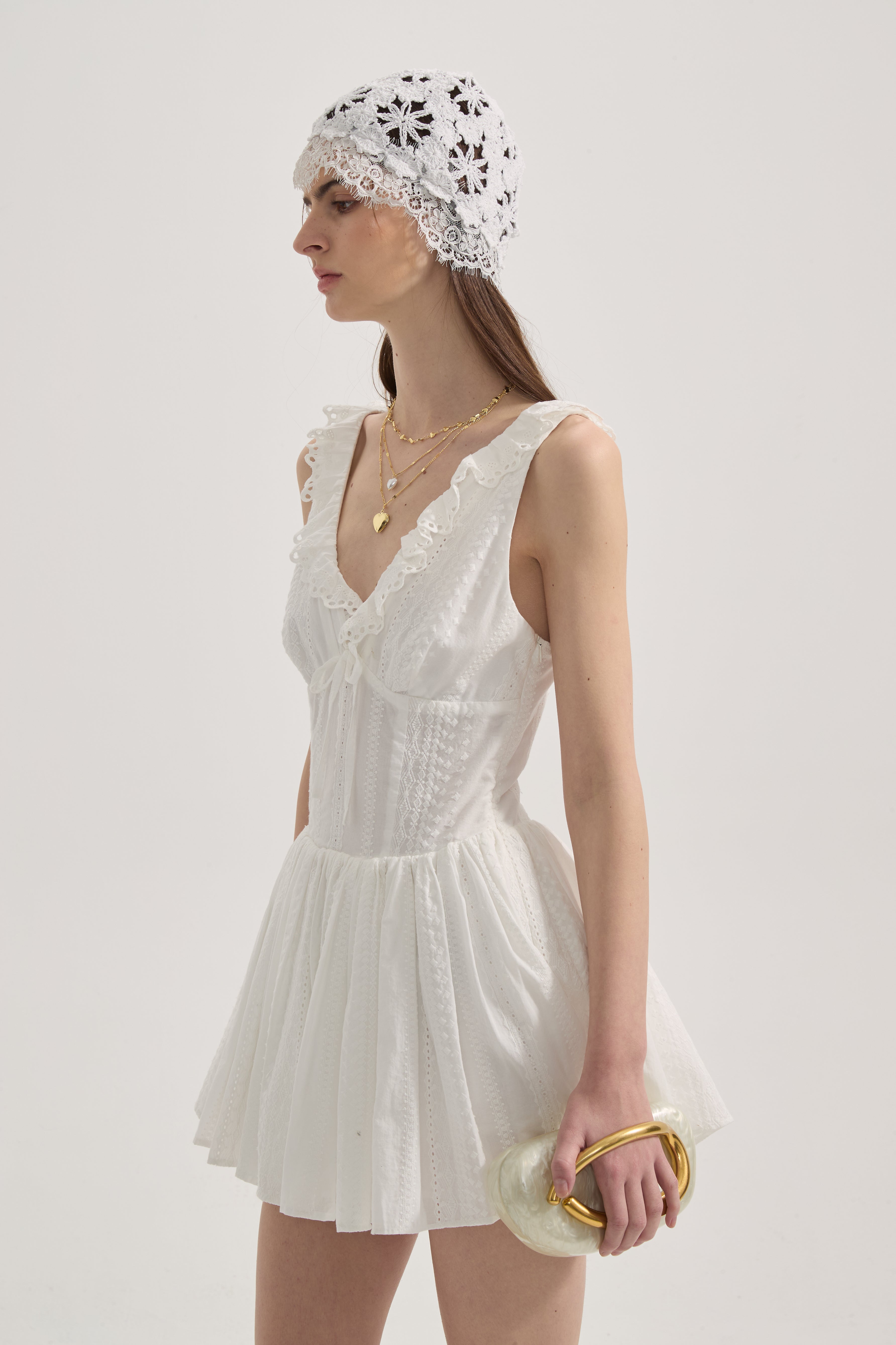 White Lace V-neck A-line Dress